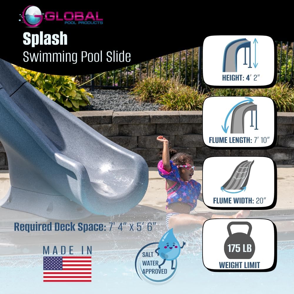Global Pool Products Splash Inground Swimming Pool Water Slide Deck Mounted Right Curve Turn Grey GPPSSP-Grey-R