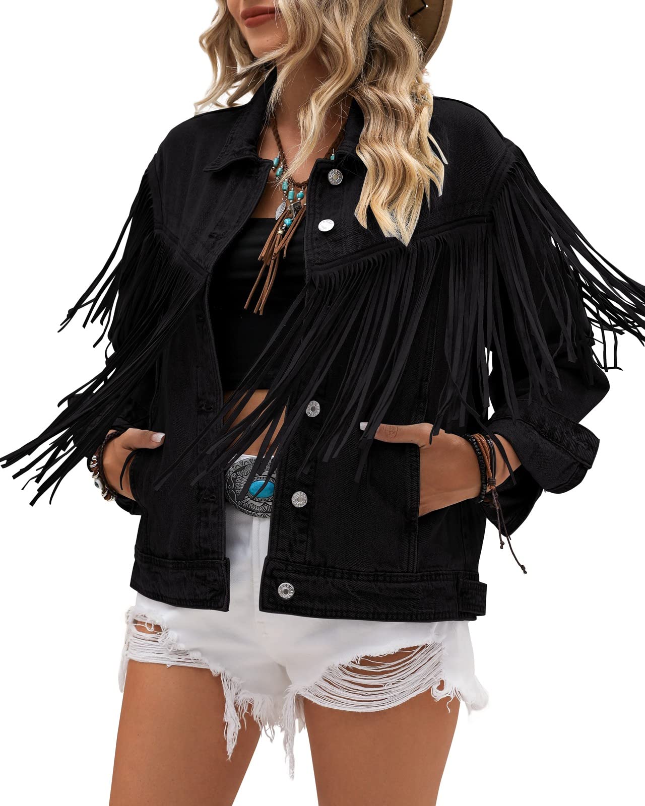 Vetinee Denim Jacket for Women Fringe Trucker Jean Jacket Distressed Western Cowgirl Shacket Jackets Coachella Festival, Black, Medium