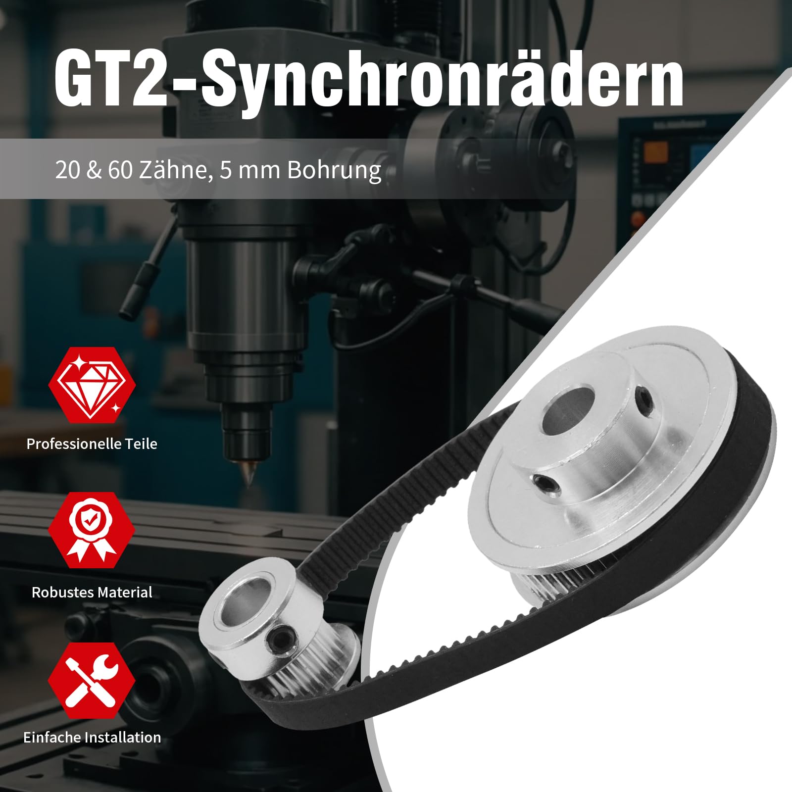 2 Set GT2 Synchronrädern 20-60T-8B-6, 20 & 60 Zähne, 8mm Bohrung, Aluminium Synchronrad mit 2 Riemen, Länge 200 mm, Breite 6 mm (8mm)