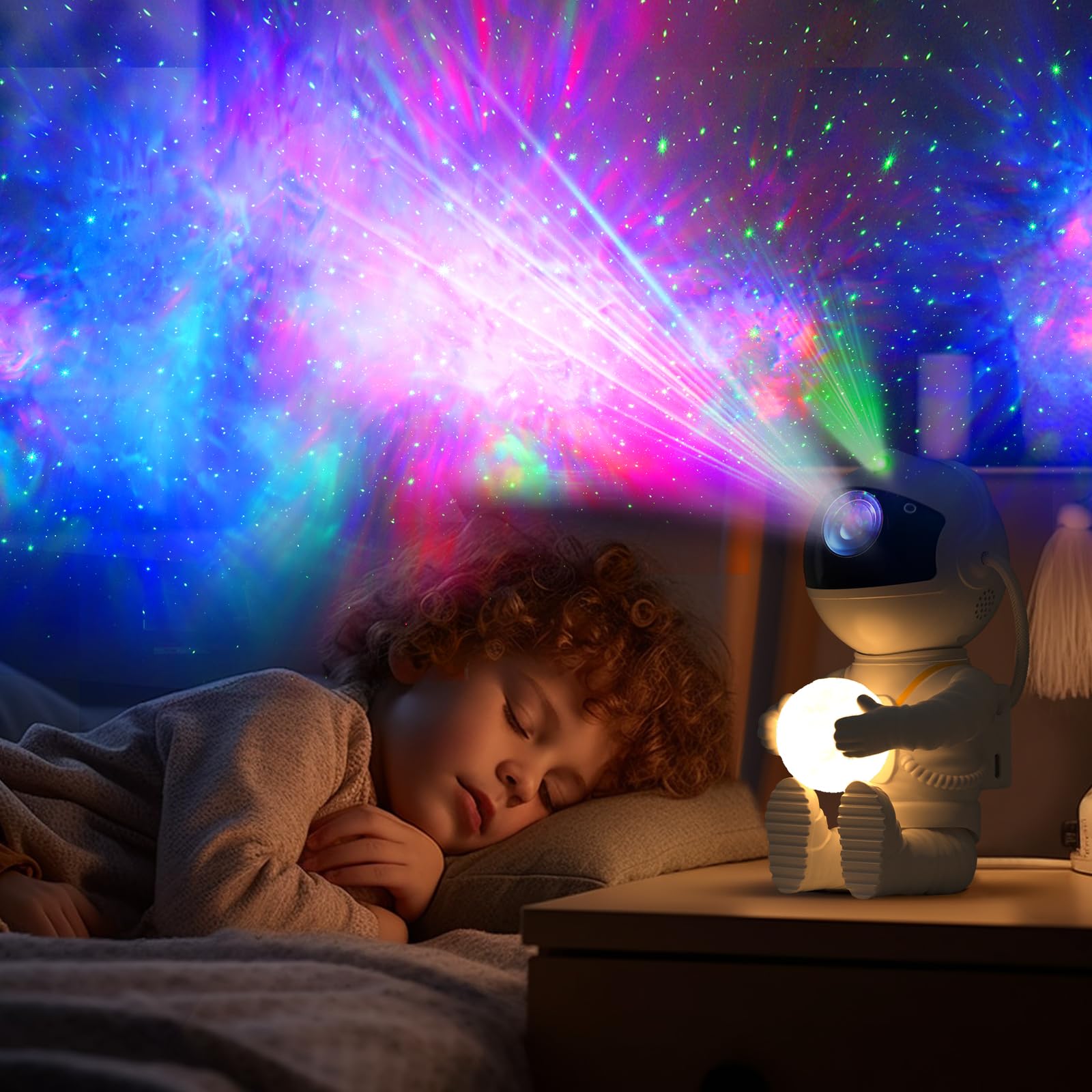 Feliigo Proyector Estrellas, LED Astronauta Proyector Galaxy, 8 Modos de Iluminación, Rotación 360° y Mando a Distancia–de Luz Aurora con Control Remoto, luz nocturna infantil