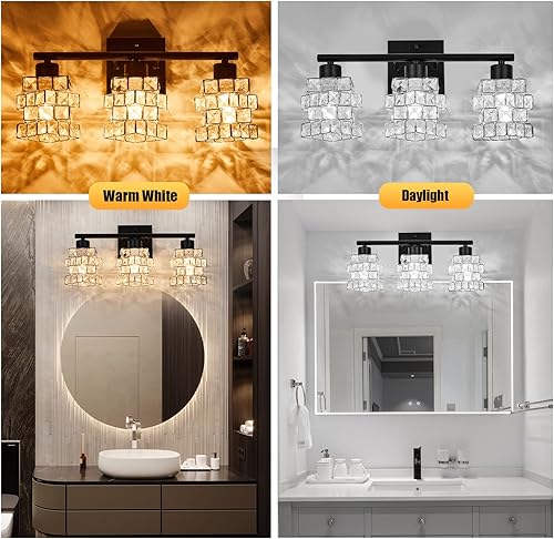 Miniatura 8 de Lámpara de tocador de baño de 3 luces, lámpara de cristal sobre el espejo, negro mate y luces de pared interiores giratorias de cristal  Pantalla