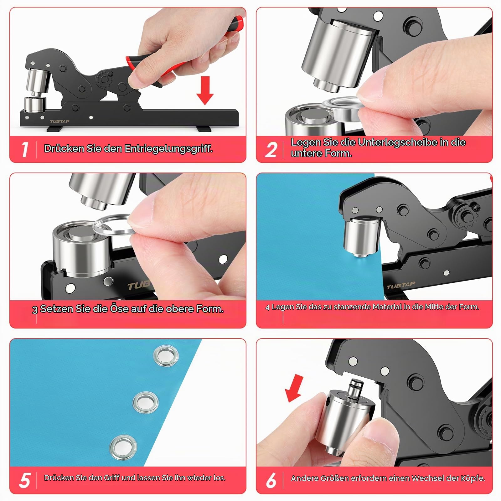 Horizontal Ösenzange Set - TUBTAP® Ösenzange-WerkzeugSet mit 500 Ösen (Ø 10mm) Ösenzange für Stoffe, Planen und Sonnensegeln