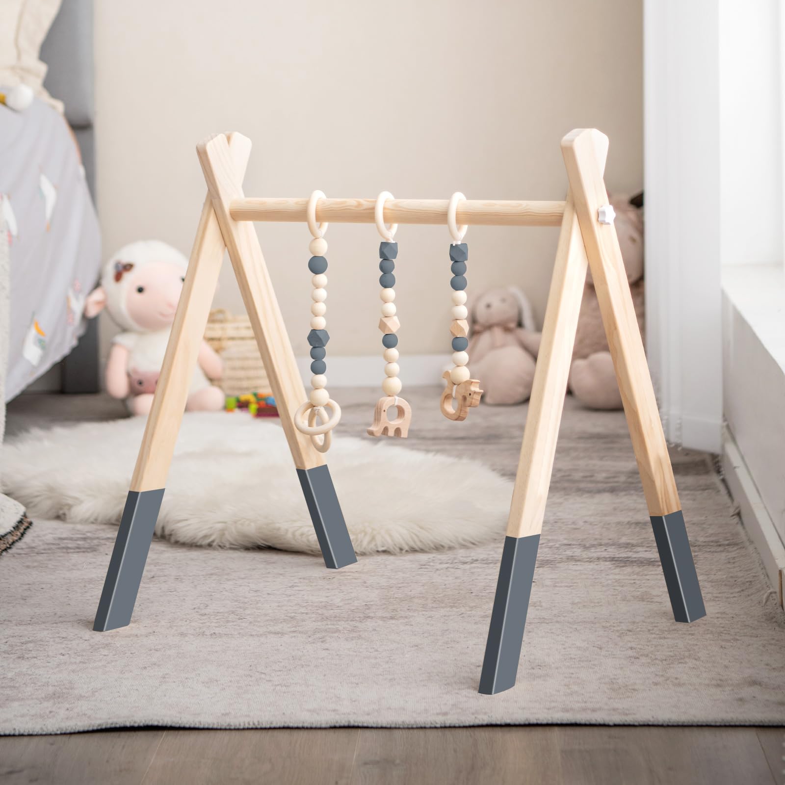 COSTWAY Palestrina Bambini in Legno, Giocattolo a Trapezio Pieghevole Neonati, Montessori Arco da Gioco, per Bambini 3+ Mesi (Grigio)