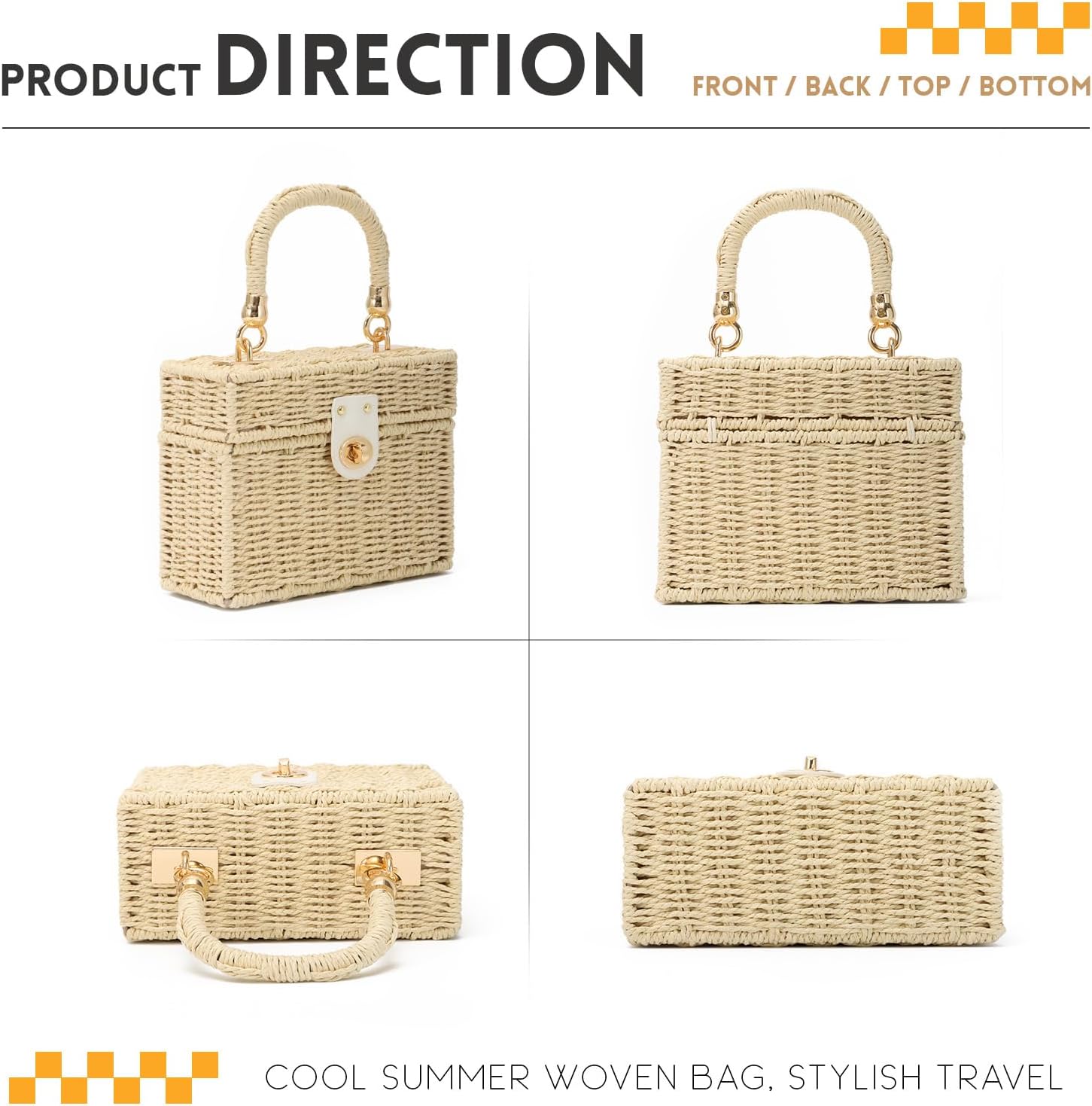 Oweisong Wicker Rattan Purse for Women Summer Beach Woven Straw Tote Bag | Box Basket Bucket, Square Purse, For Vacation, Boho Handbag, Black Beach Bag - Image 5