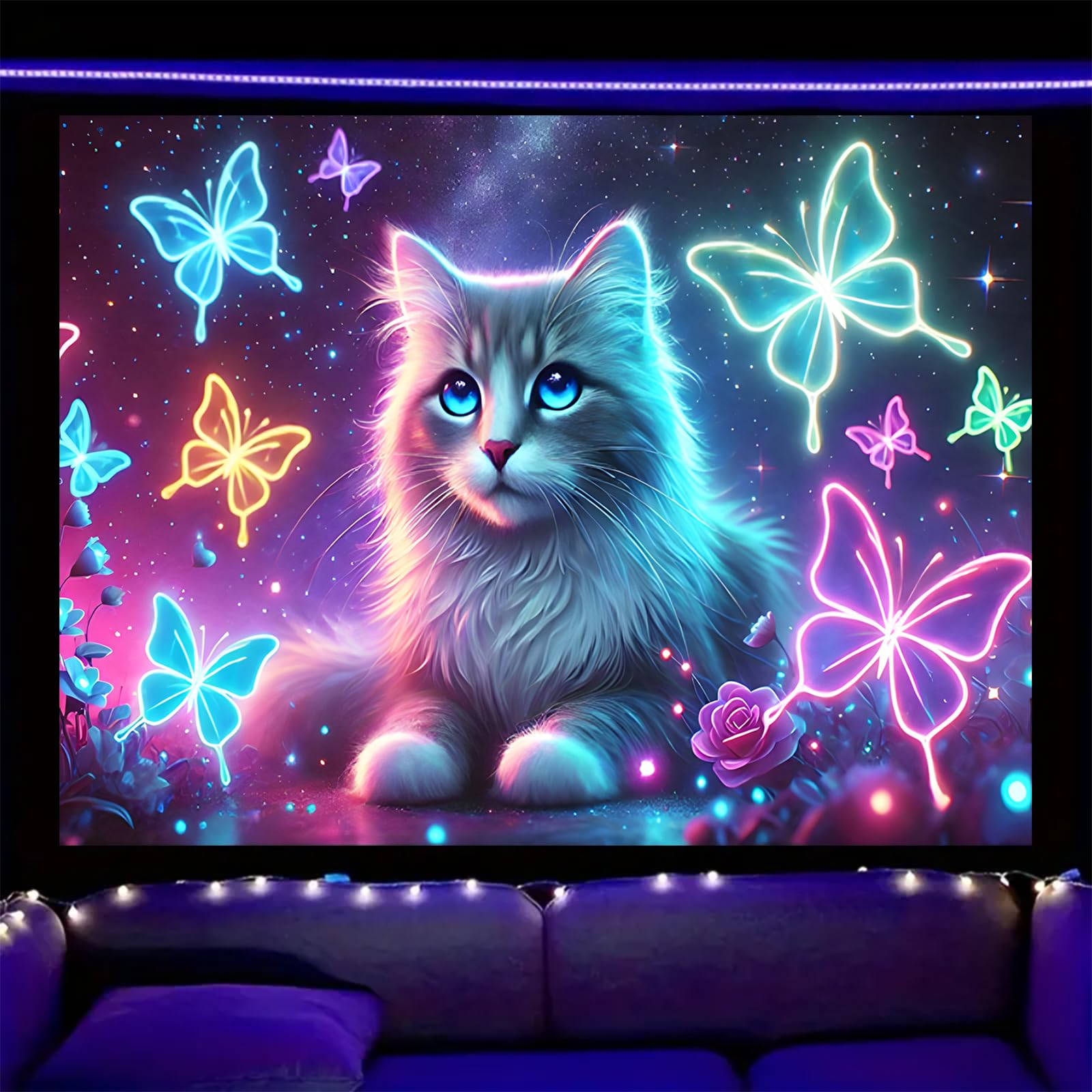 Nuxovilar Glowing Cat Wall Tapestry Polyester 59.05x51.18 In