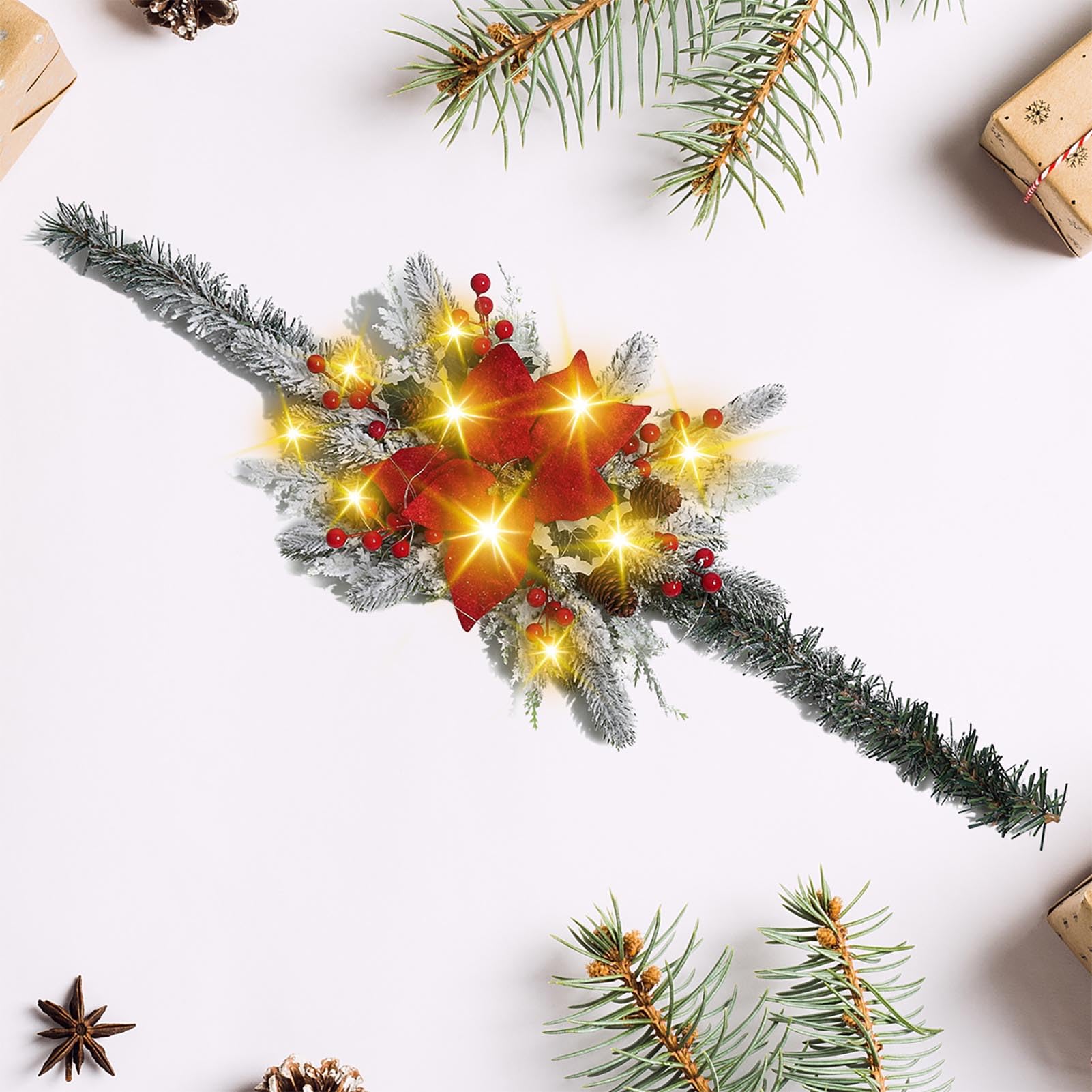 Tissting Christmas Mailbox Swag with Lights, 80cm Mailbox Swags Garland Christmas Decor, Xmas Mail Box Swag Garland for Holiday Outdoor Decor (Flocking Safflower)