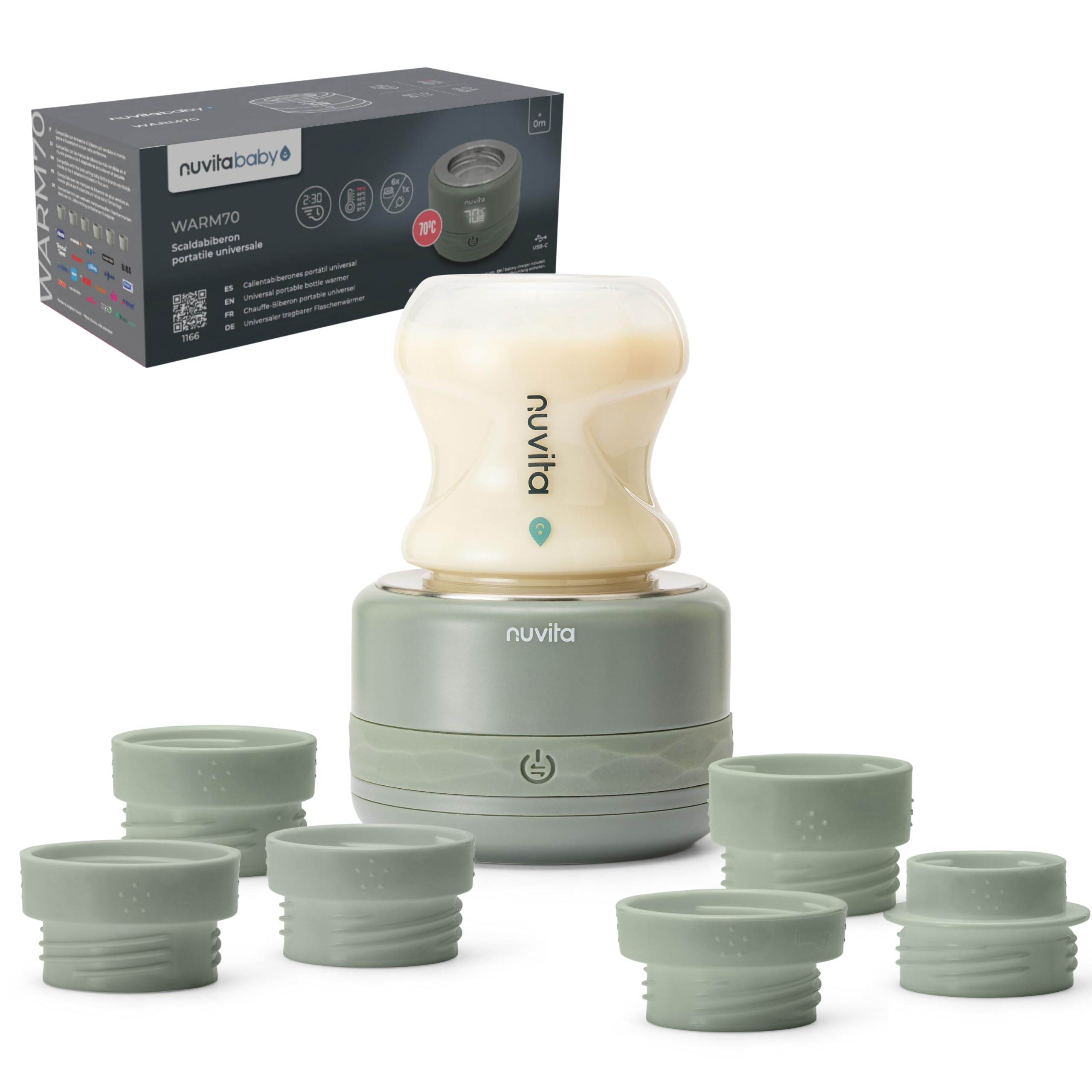 Nuvita 1166 Warm70 Calientabiberones Portátil Inalámbrico 70°C – Recargable por USB, Compatible Universal con 6 Adaptadores, 5 Niveles de Temperatura hasta 70°C, Calentamiento Rápido en 2,5 Min