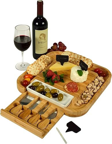 Miniatura 3 de Picnic at Ascot USA - Tabla de cortar de bambú grabada personalizada para queso y embutidos con plato de cerámica, juego de cuchillos y marcadores