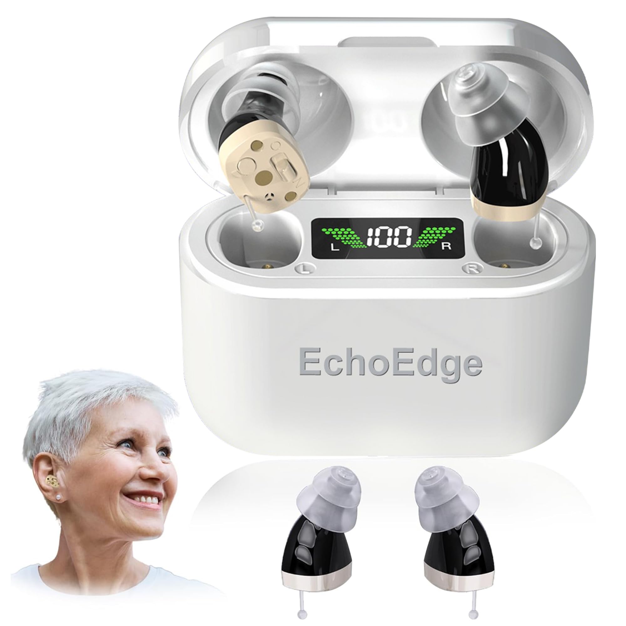 EchoEdge Rechargeable Invisible Hearing Amplifier – Personal Sound Amplifier with Microphone, Enhanced Clarity, Noise Reduction, HD Power Display & 30hr Battery Life
