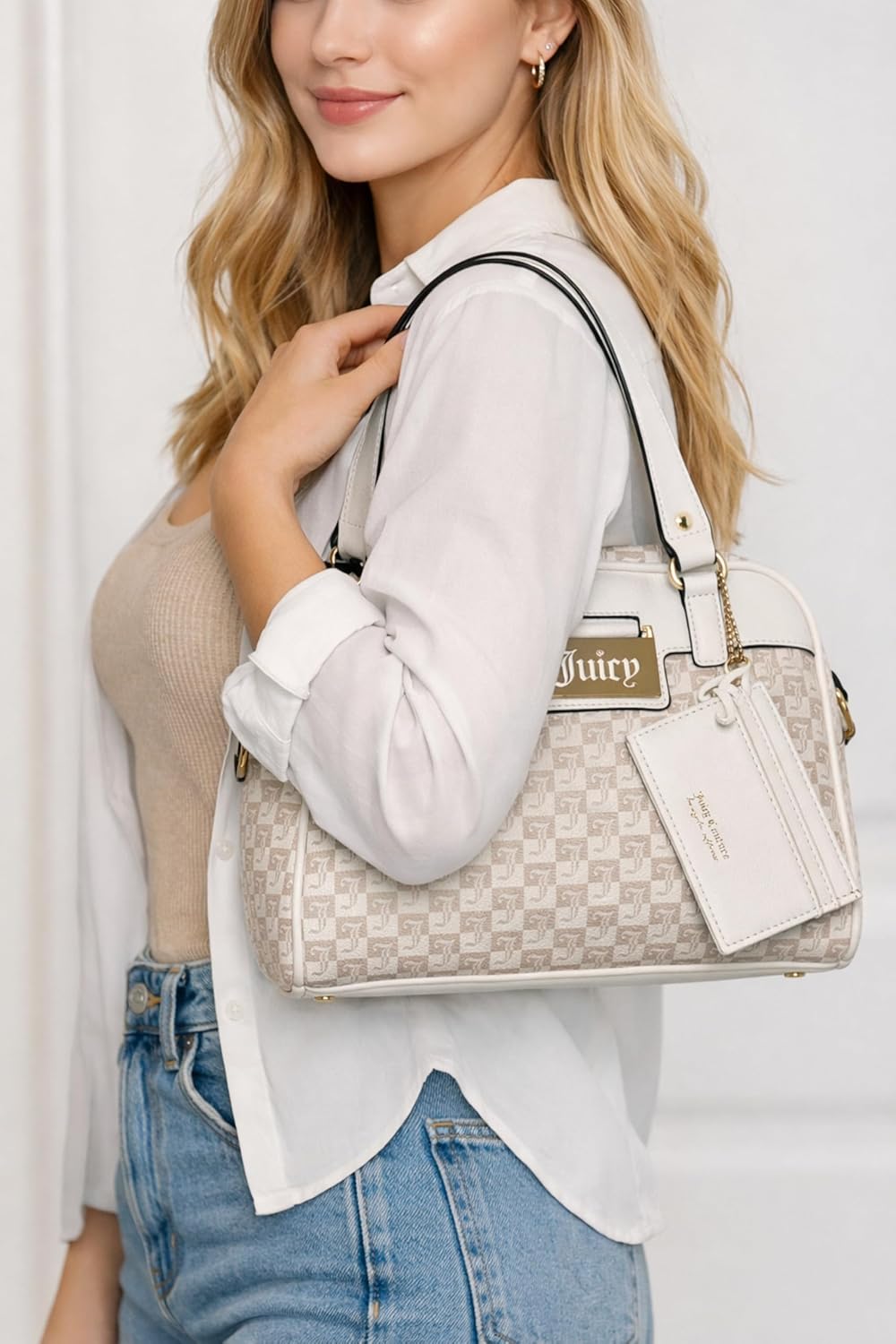 Juicy Couture Miss Juicy Satchel Top Handle Handbag with Crossbody Strap, Monogram Pattern Structured Purse, White Crystal, 10.5 x 9 x 5.5 Inches