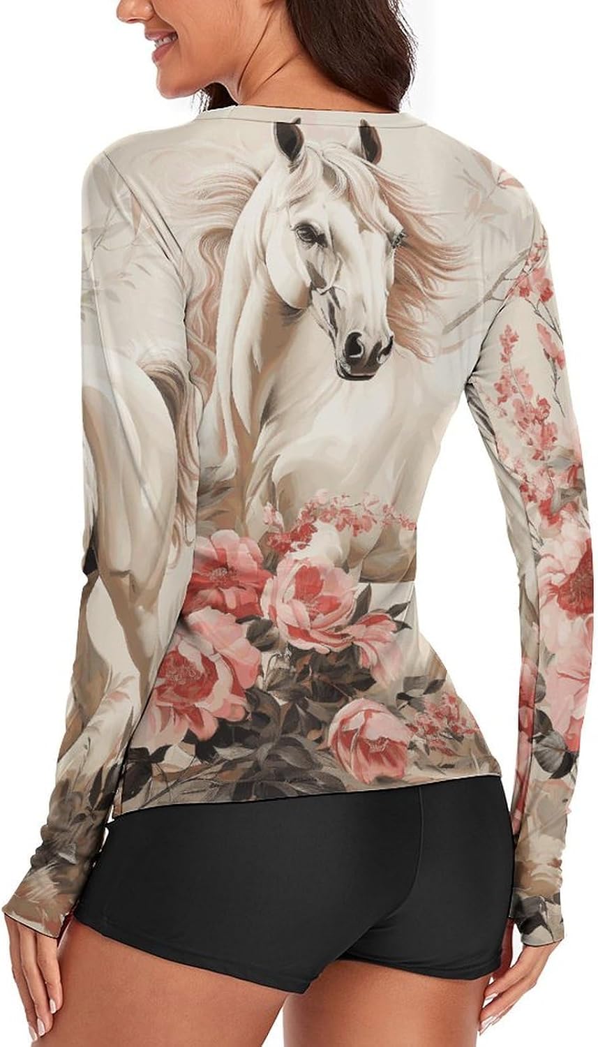 Horse Image Rash Guard for Women UPF 50+ UV Sun Protection | Long Sleeve Workout Top Quick Dry Athletic Hiking Shirt Moisture Wicking Swim Shirt for Running, Cycling, Swimming