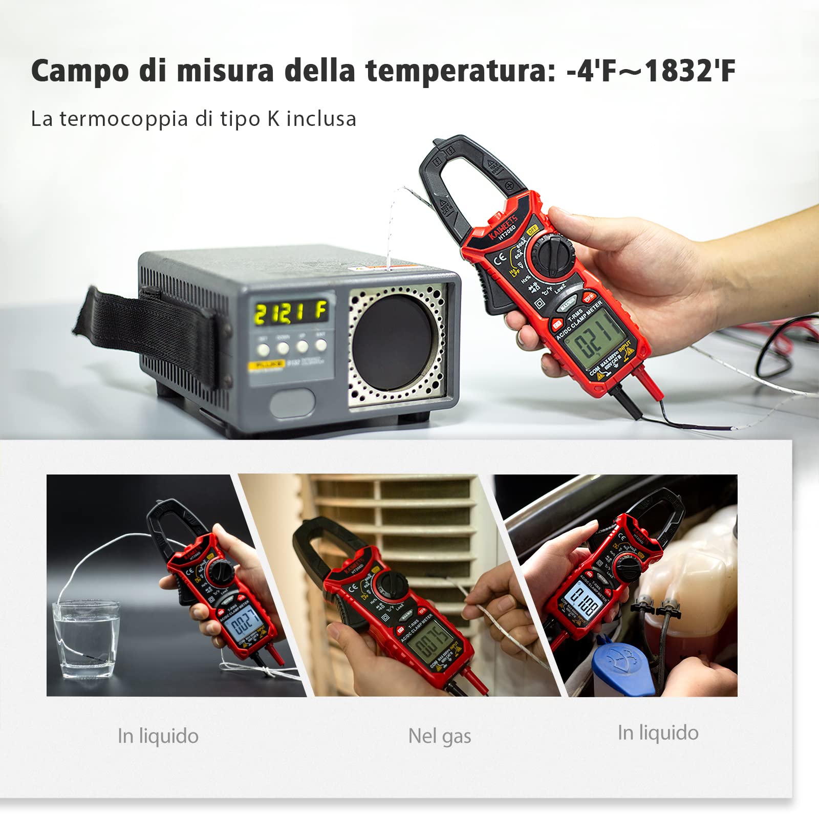 Pinza amperometrica AC/DC 0-600A, KAIWEETS Pinza multimetro professionale T-RMS 6000 conteggi, misure corrente tensione AC/DC Temperatura Capacità Resistenza Diodi Continuità Duty Cycle