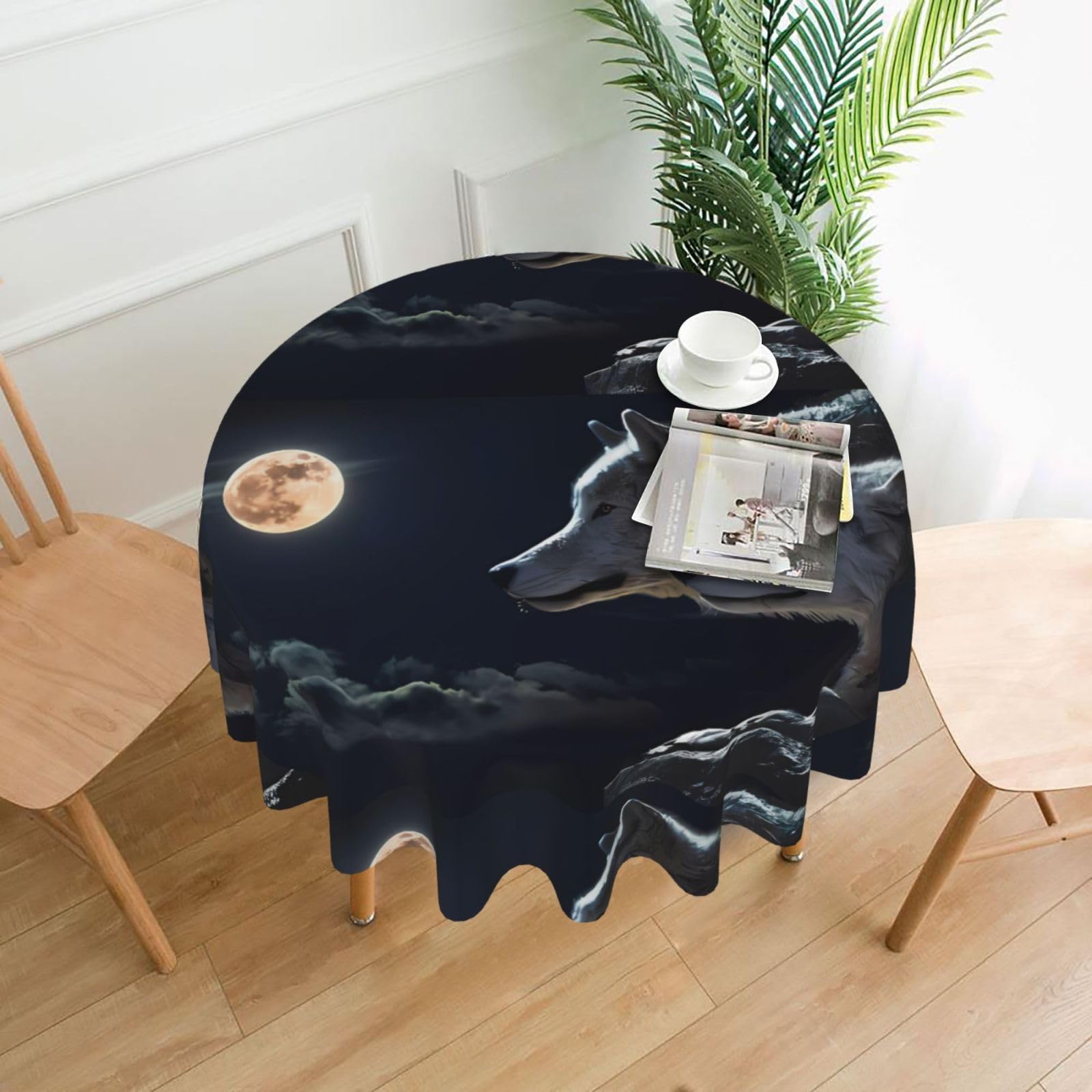 WHJSSF Full-Moon Wolves 3D Prints Round Decorative Table Throw 60 Inch – Waterproof Table Cover for Dining, Coffee Tables, and Outdoor Events