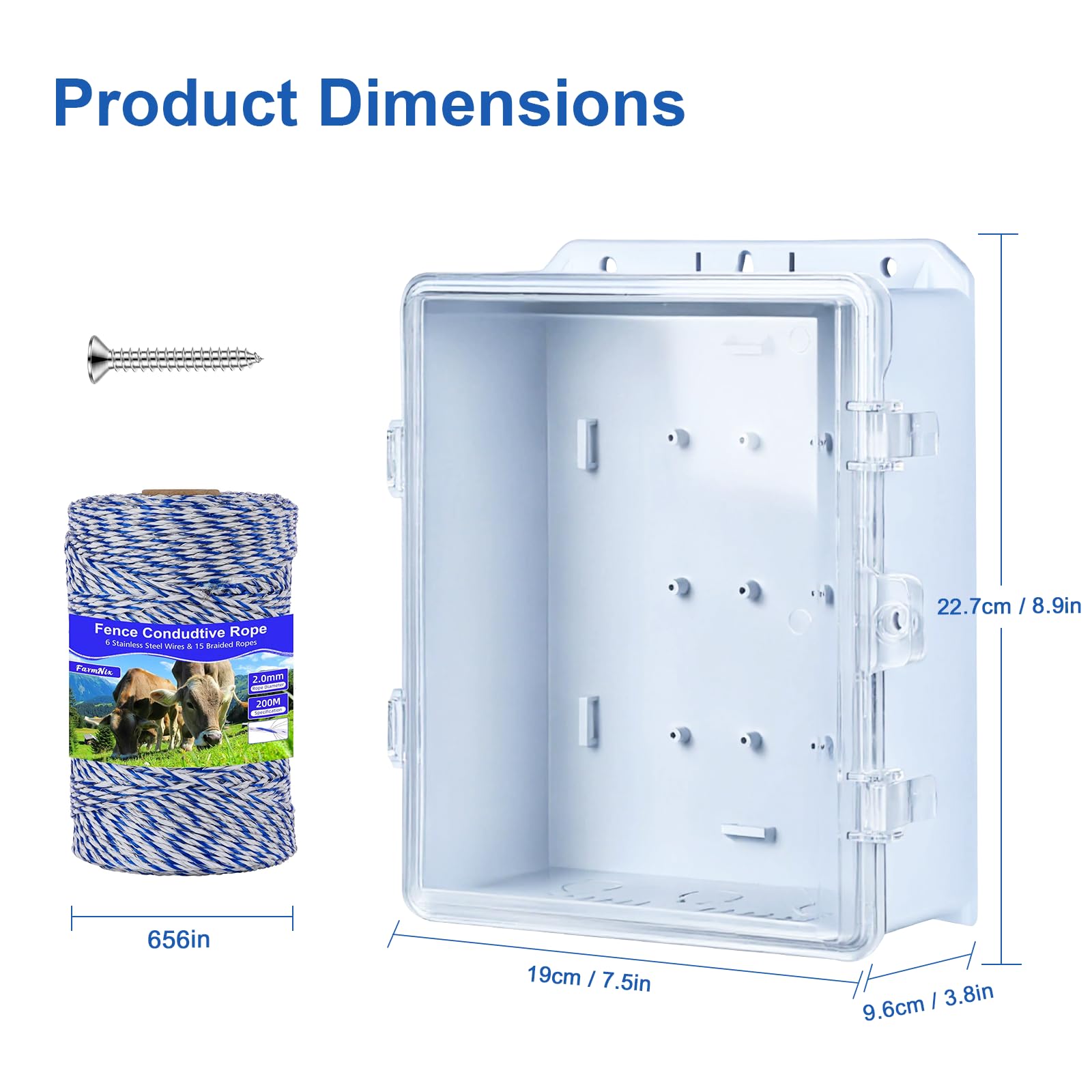 Caja impermeable para cerca eléctrica + Cuerda Polywire (200 m / 656 ft) – 6 hebras de acero inoxidable, antioxidante, alta conductividad – para exterior, tapa transparente