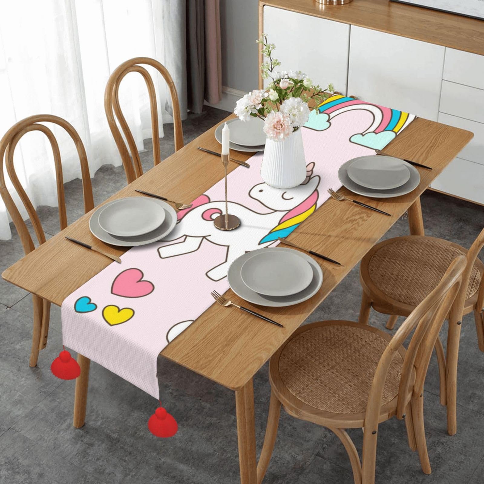 Chemin de table en lin tissé licorne rose, linge de table luxe