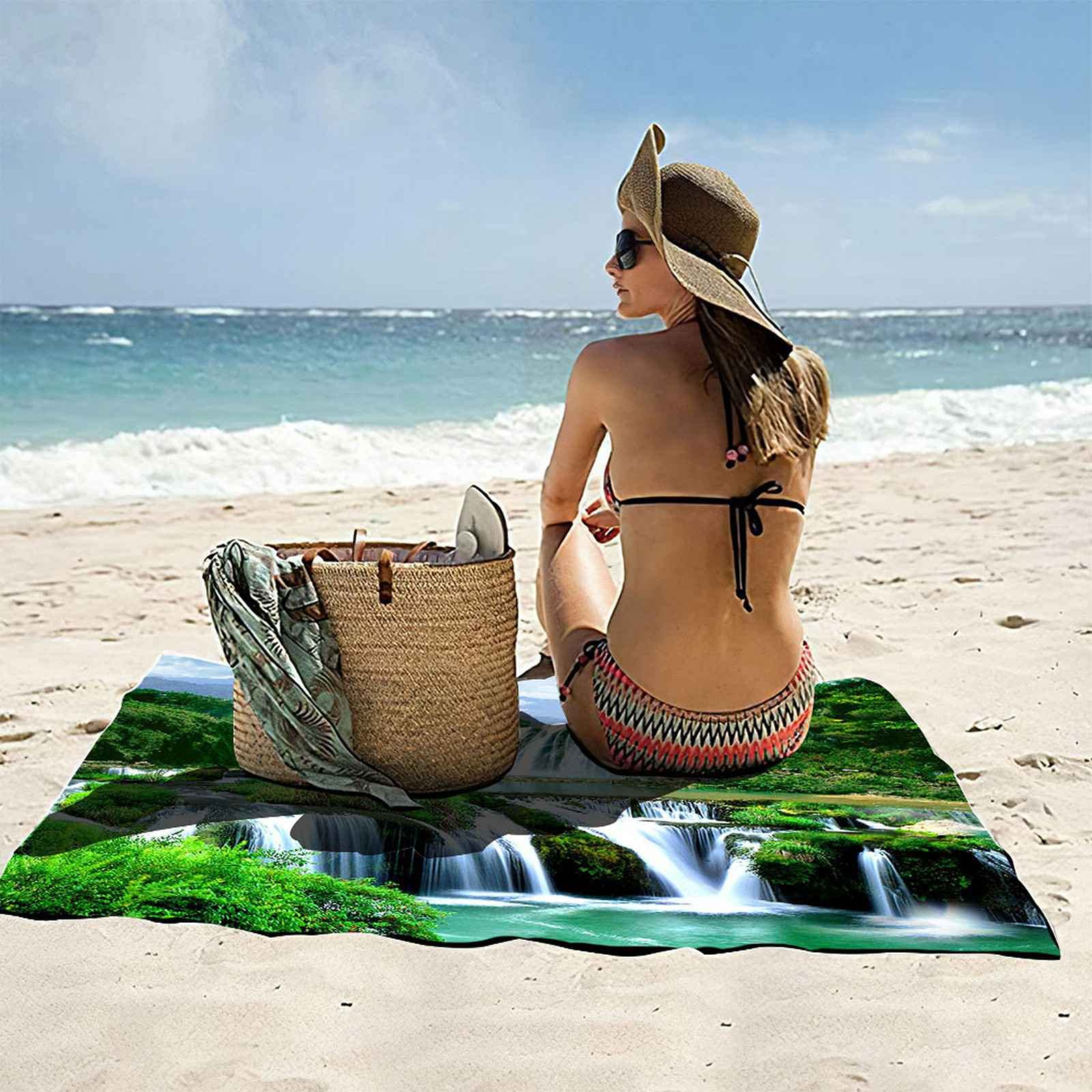 Asciugamano Da Spiaggia Grande 100x200cm Teli Mare 3D Cascata Di Montagna Verde Asciugamano Microfibra Asciugatura Rapida Leggero Coperta Da Viaggio Per Bambini Adulti,Yoga,Nuoto,Campeggio