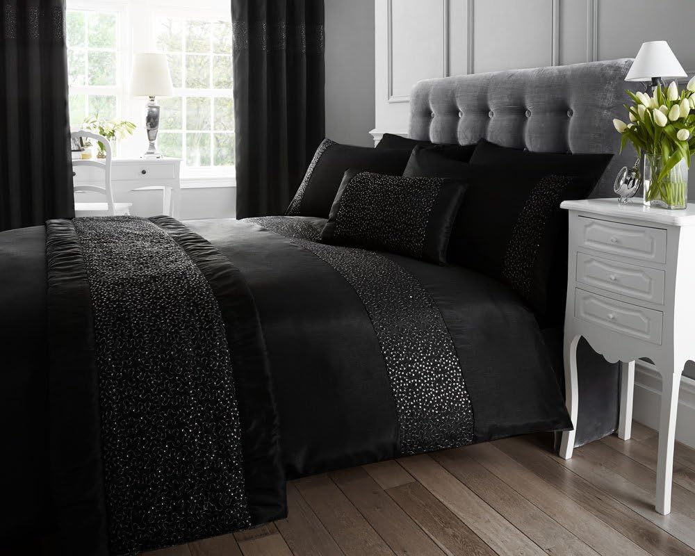 SINGLE BED SIZE duvet sets - Black faux silk & sequin quilt cover & pillow cases (Single Bed Duvet Set (no curtains))