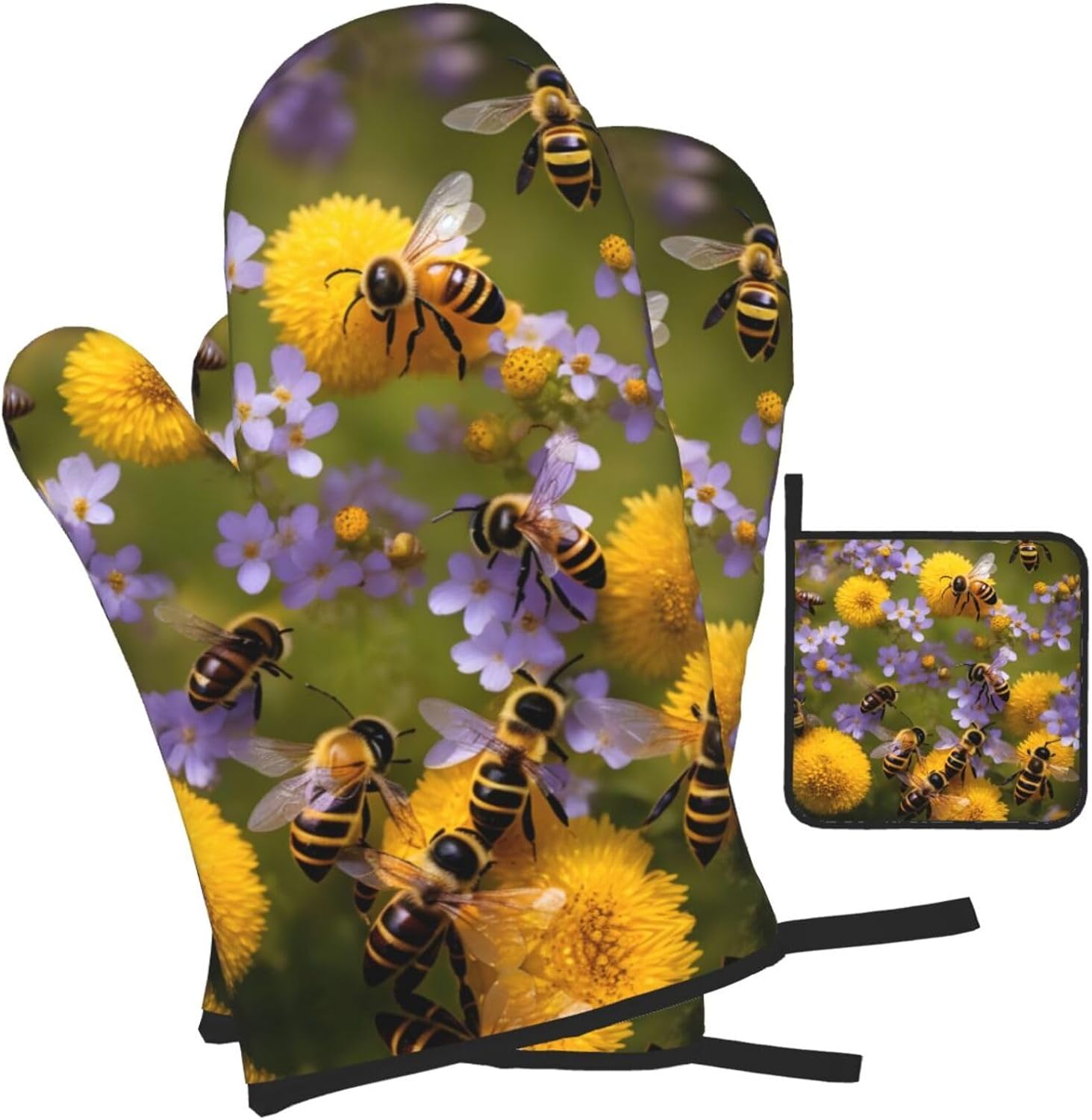 Rural Honey Bees Wildflowers Print Heat Resistant Microwave Gloves, Used for Baking, Cooking, and Fashion Kitchen Essentials