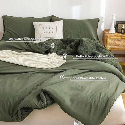 Miniatura 5 de COTTEBED Juego de edredón tamaño King, alternativa de plumón sherpa suave con fundas de almohada, lavable (verde oliva)