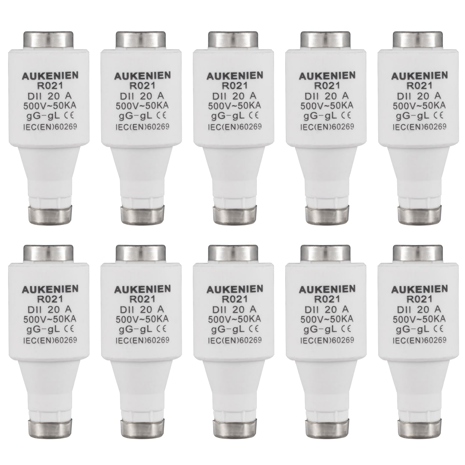 AUKENIEN DII E27 R021 Spiral Ceramic Fuses Diazed 20 Amp Fuse 20A 500V 50KA gG for Cable and Line Protection (Pack of 10)