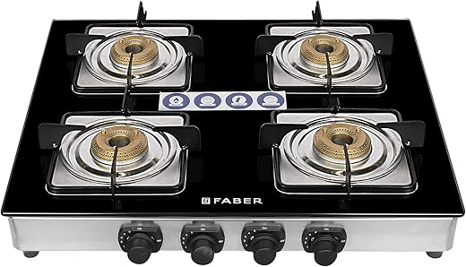 Faber Gas Stove 4 Burner Tempered Glass Cooktop (Cooktop Supreme Plus C 4BB) Manual Ignition, Black