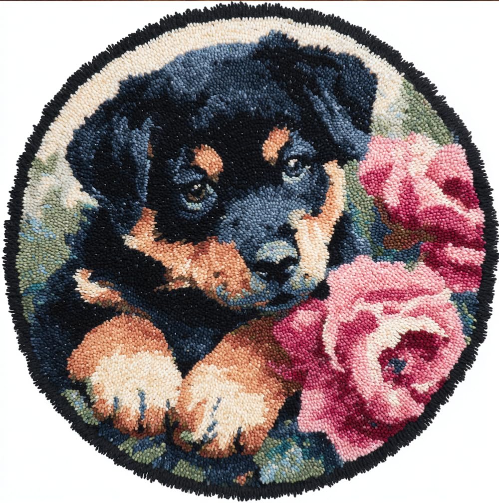 kitphoenix DIY Latch Hook Rug Kit for & Adults -Dog and Rose 20X20Inch (50X50Cm) Cross Stitch Carpet Making Crochet Embroidery Needlework Crafts - Home Decor Project