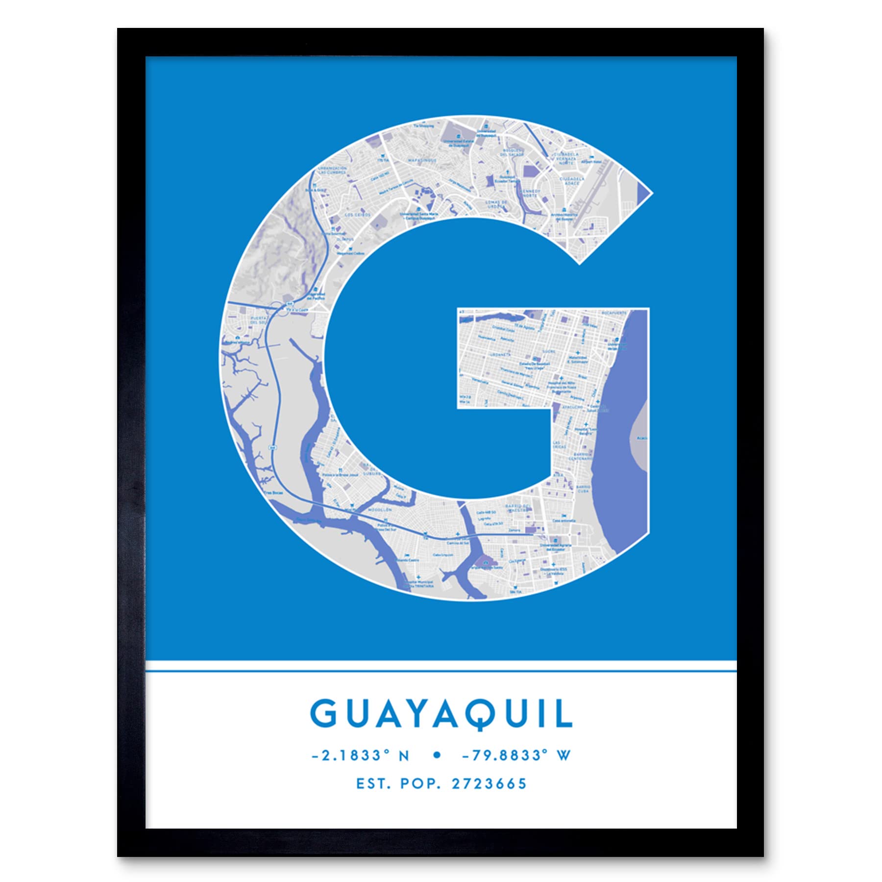 Wee Blue Coo Guayaquil Ecuador City Map Blue Colour Block Modern Typography Stylish Letter Framed Word Wall Art Print Poster for Home Décor CITYMAP1