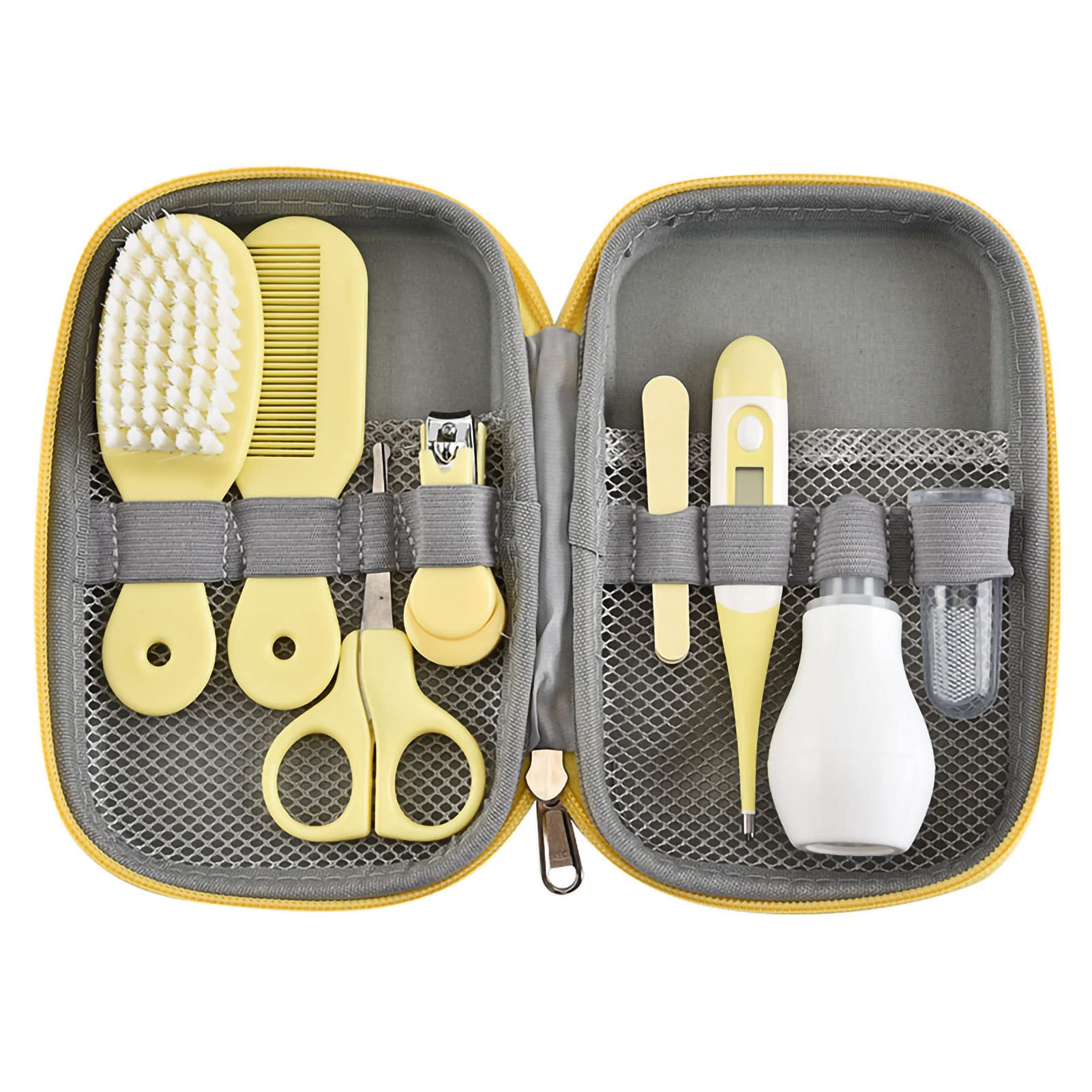 Plplaaoo Kit de cuidado y aseo para bebés 8 en 1, set de cuidado de la salud para recién nacidos con cortaúñas, cepillo para el pelo, limpiador de nariz, cepillo de dientes de dedo, tijeras, kit de aseo seguro para bebés recién nacidos, amarillo