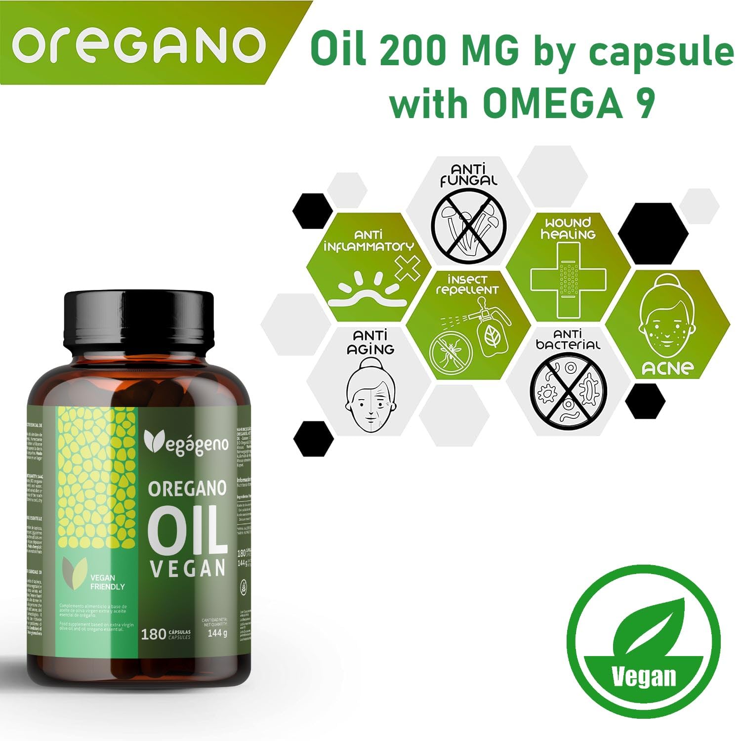 VEGAGENO - Olio Essenziale di Origano | 180 Capsule, 200mg per capsula, con OMEGA 9 Integratore Alimentare a Base di olio Extravergine di Oliva e Olio Essenziale Origano, e Carvacrolo. Adatto Vegani