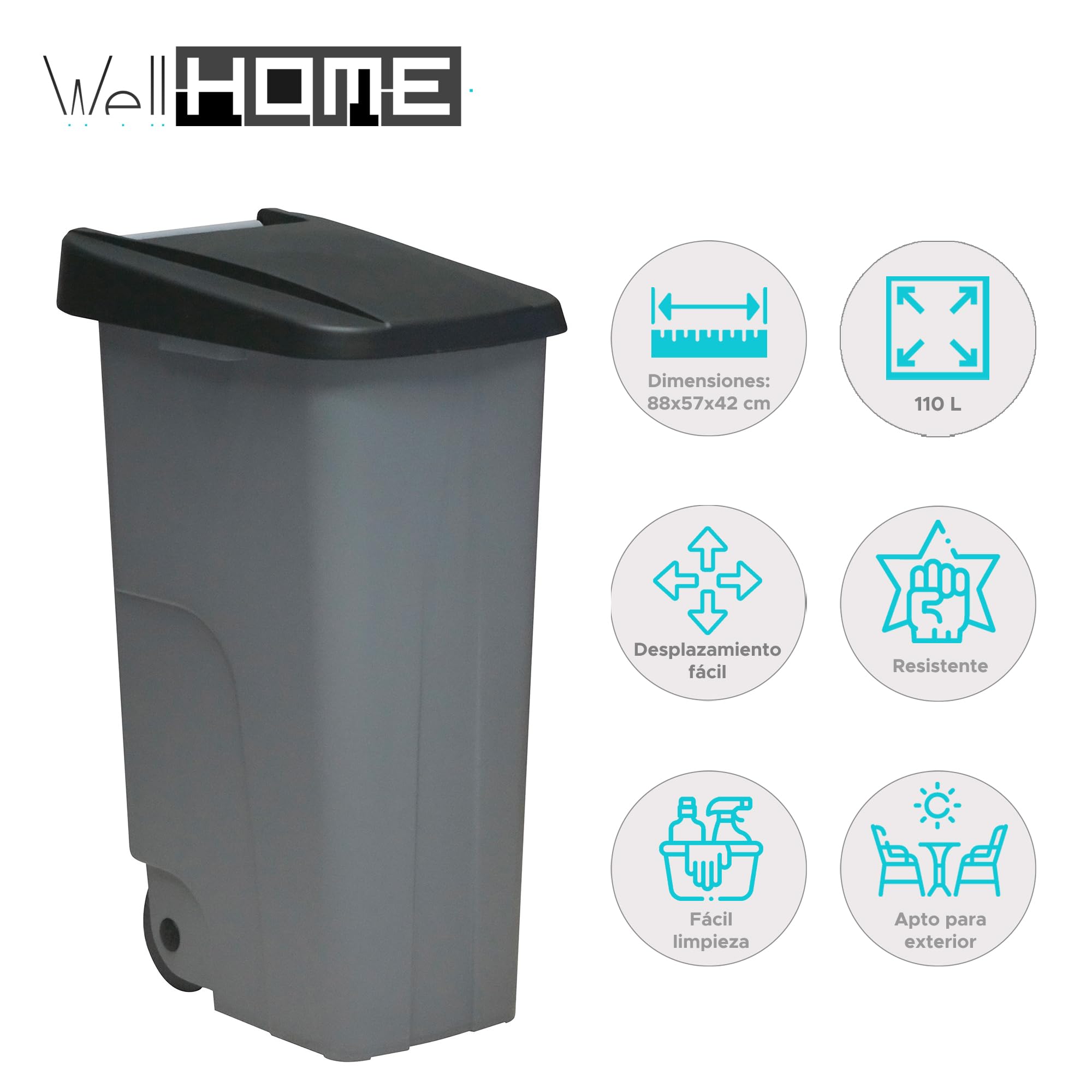 Well Home Contenedor Reciclo 110 litros Cerrado, Negro, 88x57x42 cm
