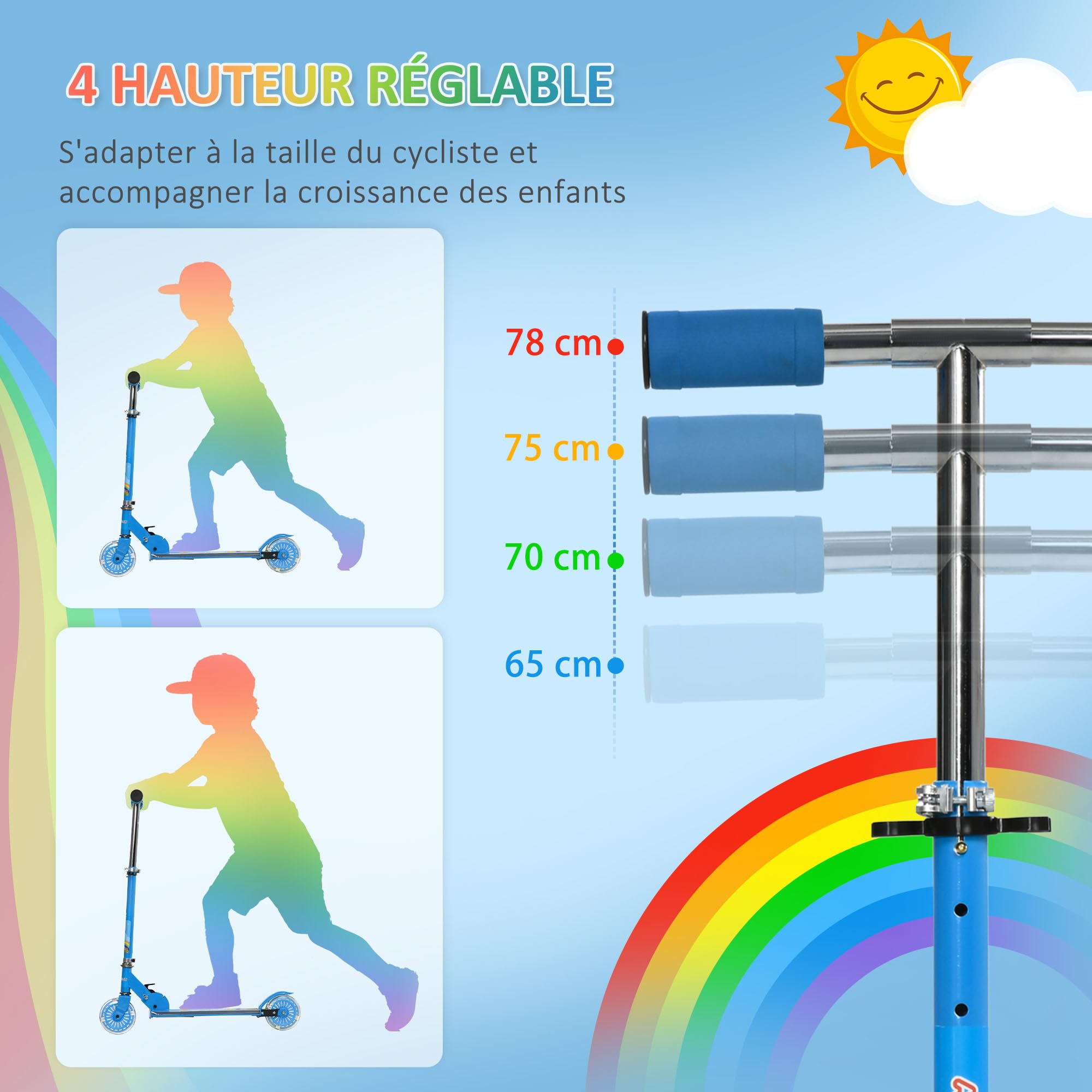 HOMCOM Trottinette pour Enfants de 3 à 7 Ans, Roues légères et Pliables en PU, 12 lumières LED, Musique, 4 Niveaux de réglage de la Hauteur du Guidon, Frein à Friction, Bleu
