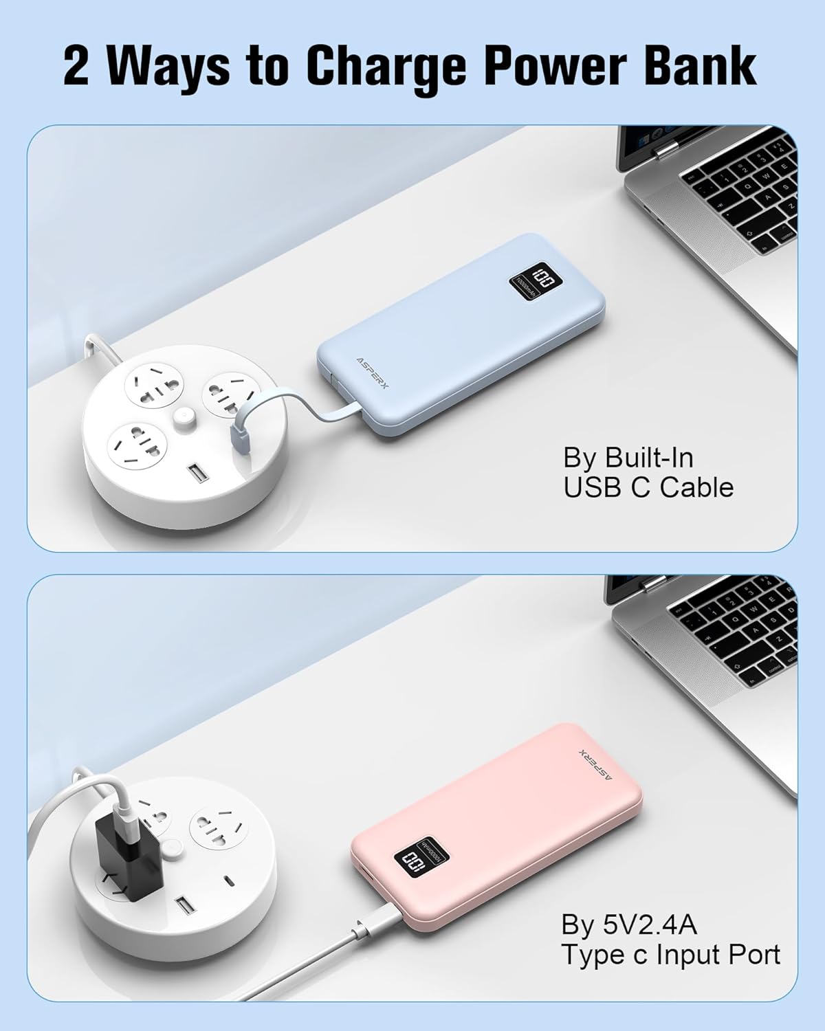 Two ways to charge the AsperX power bank: one showing charging via the built-in USB-C cable connected to a power strip, and the other showing charging via the USB-C input port with an external cable.