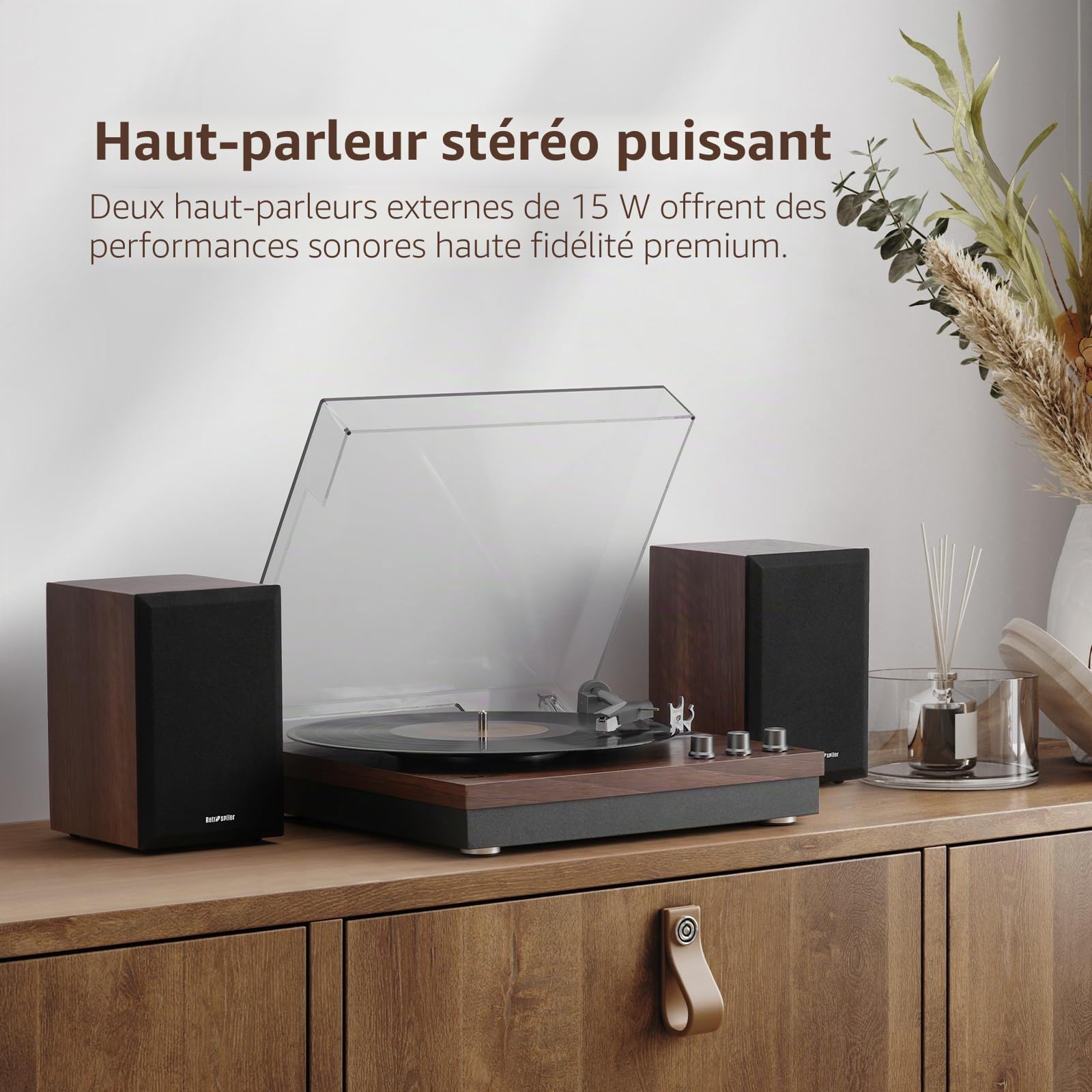 Tourne-disque 3 vitesses, 2 haut-parleurs extérieurs 15 W, Bluetooth, entrée auxiliaire, USB, LP-MP3, lecteur vinyle vintage, bois foncé