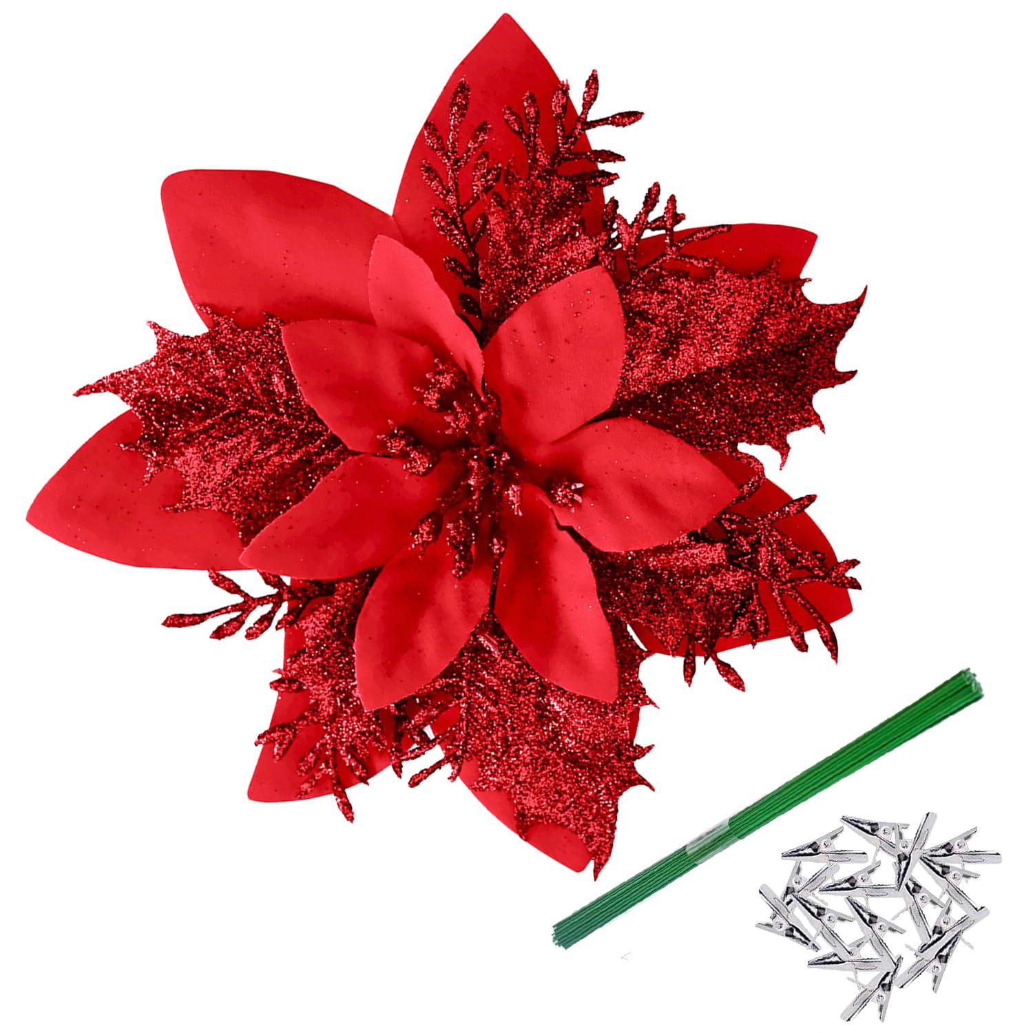 Bafenli 15 Piezas 14CM Flores de Navidad Parpadeo Poinsettia Flores Artificiales Árbol de Navidad Adornos con Clips Tallos para Bricolaje Guirnalda Fiesta Casa Vacaciones Decoración - Rojo