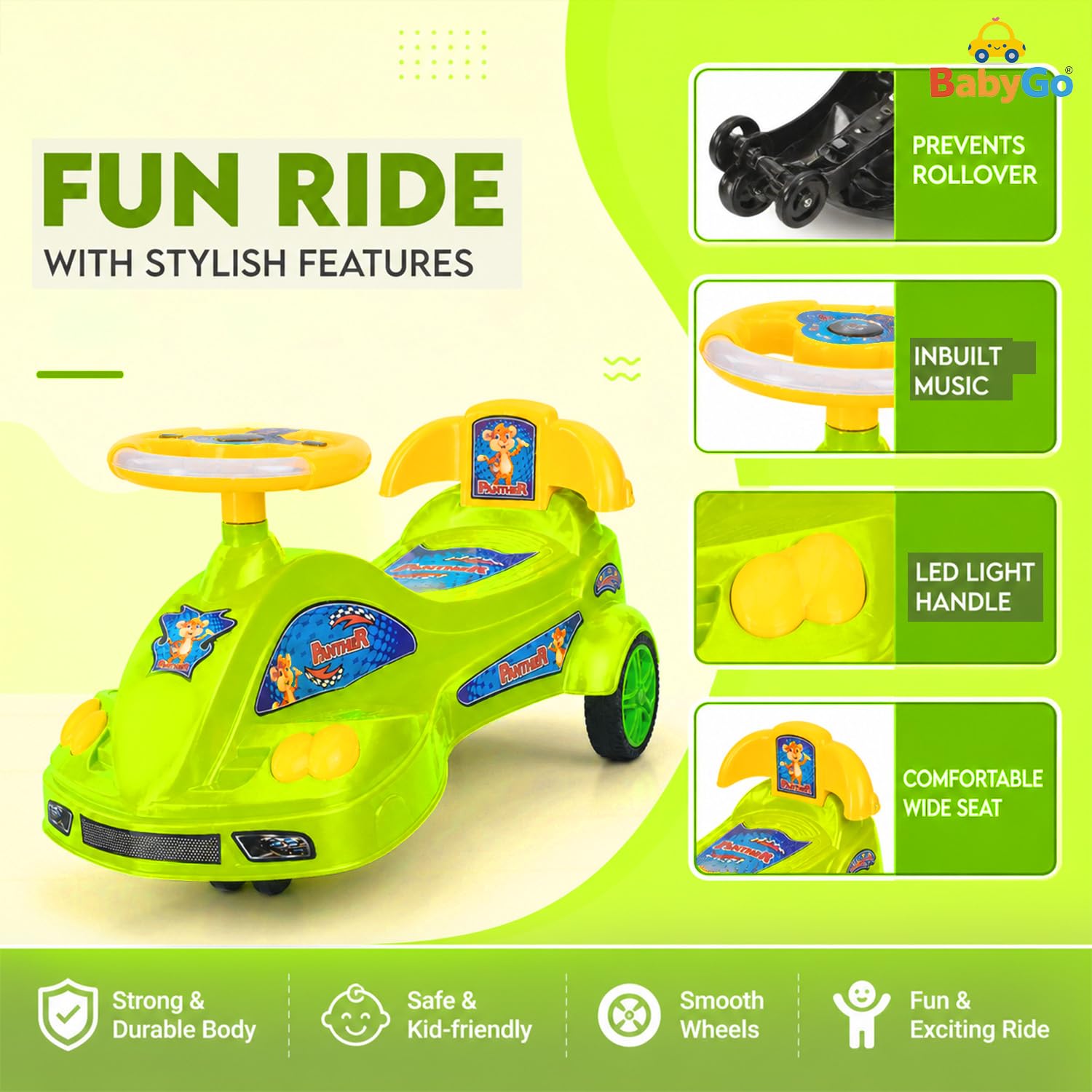 BabyGo Baby Panther Swing Magic Car Ride On Toy for Kids with Comfortable Seat & Durable Wheels | Push Ride On Twister Swing Car | Indoor Outdoor Fun Ride On Car for Boys & Girls Age 2+ (Green) 2