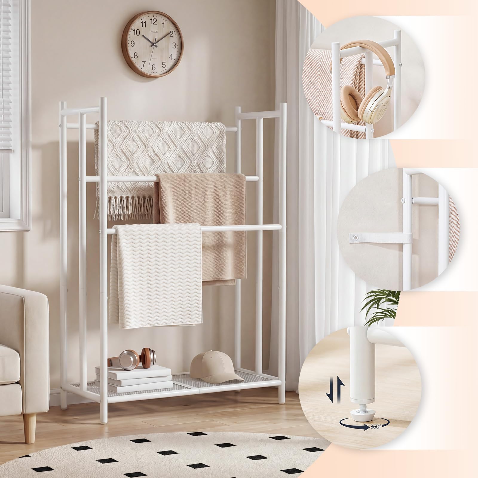 HOOBRO Toallero de Baño, Toallero en Escalera de 3 Niveles, Patas Ajustables y Estante de Malla, Estantería Multiusos, para Baño, Dormitorio y Sala, Blanco EWT09LB01