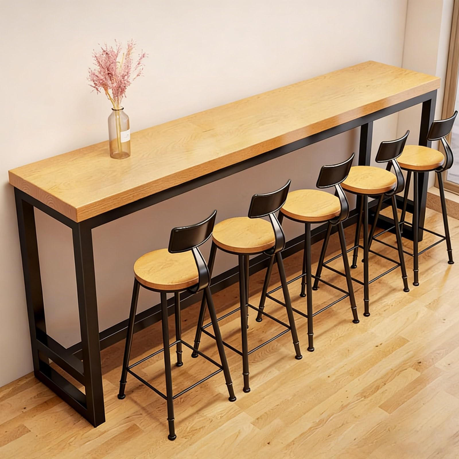 Live Edge - Tavolino alto con poggiapiedi, in legno massello, per casa, balcone e caffetteria, salvaspazio (legno naturale, 180 x 40 x 105 cm)