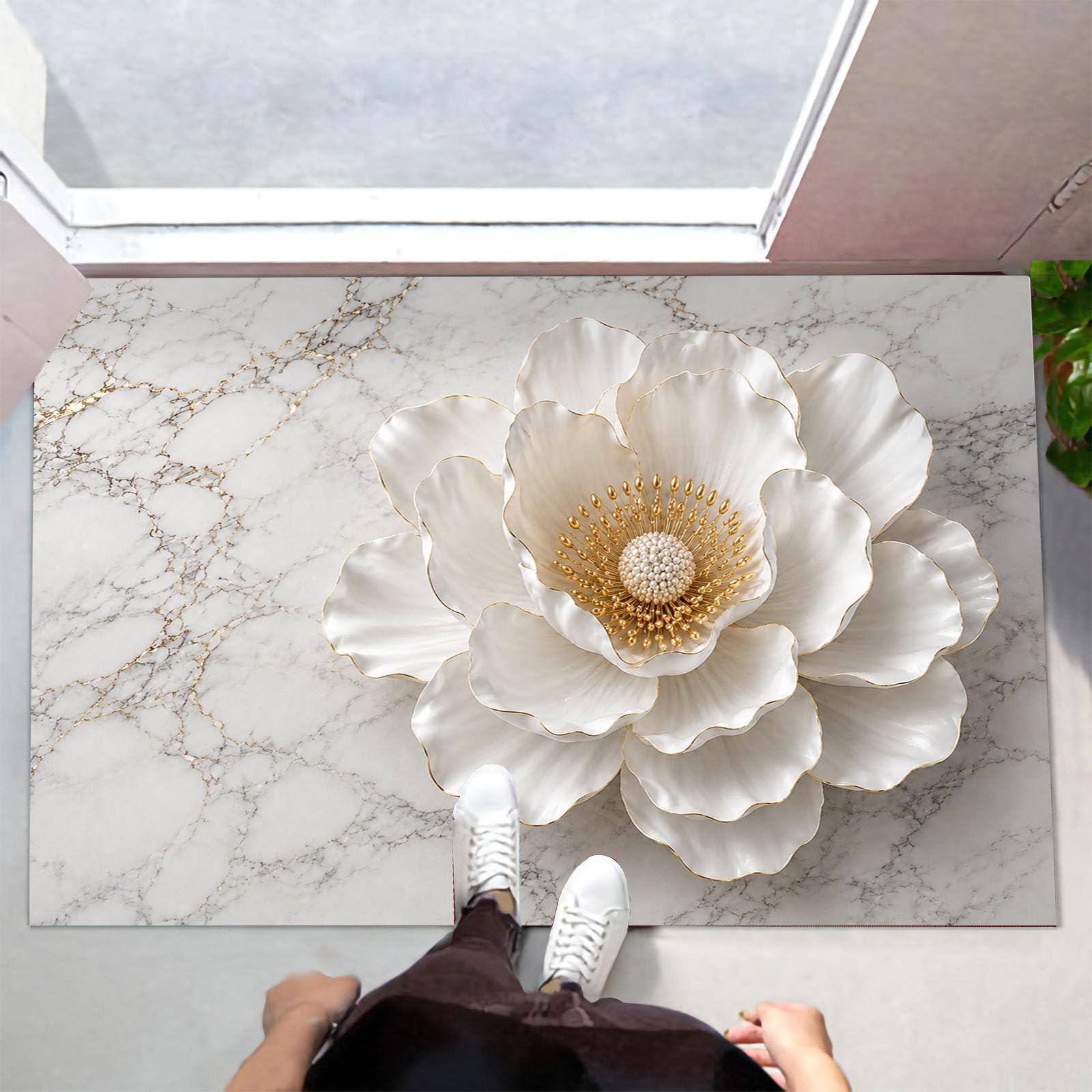 Felpudo Ultrafino Para Interiores, 80X120Cm, Relieve Floral De Lujo En 3D Alfombra Antideslizante Lavable Para Entrada, Grieta Elegante De Mármol Felpudo De Perfil Bajo, Atrapa Suciedad, Beige