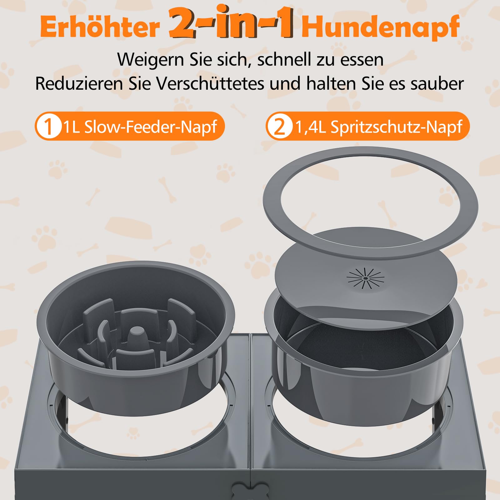 X XBEN 3-in-1 Ciotole per Cani Rialzate con 5 Altezze Regolabile, 1L Ciotola Anti Ingozzamento, 1,4L Acqua Cane Antigoccia, Ciotola per Cani Piccolo, Medio e Grande, Pieghevole e Antiscivolo, Grigio