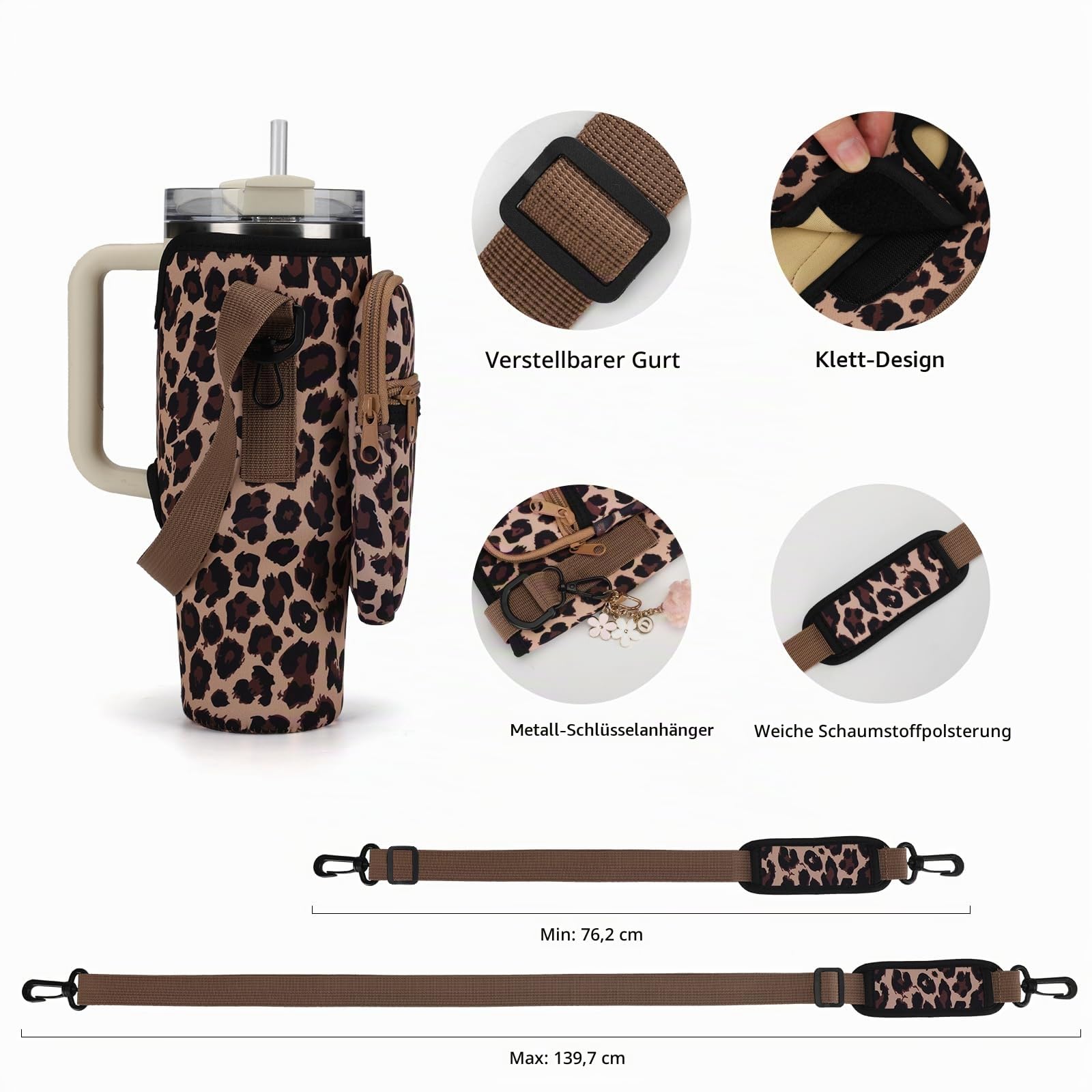 GOEWY Leoparden-Wasserflaschen-Tragetasche für Stanley 1,2 l Becher mit Handyfach, Wasserflaschenhalter mit Gurt, Neopren-Wasserflaschen-Tasche für Stanley Cup-Zubehör