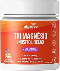 Tri Magnésio (dimalato, quelato, taurato) Inositol Relax, Melatonina, Triptofano, B6, Sabor Laranja Camomila e Lavanda, Bigens,180g (Unidade)
