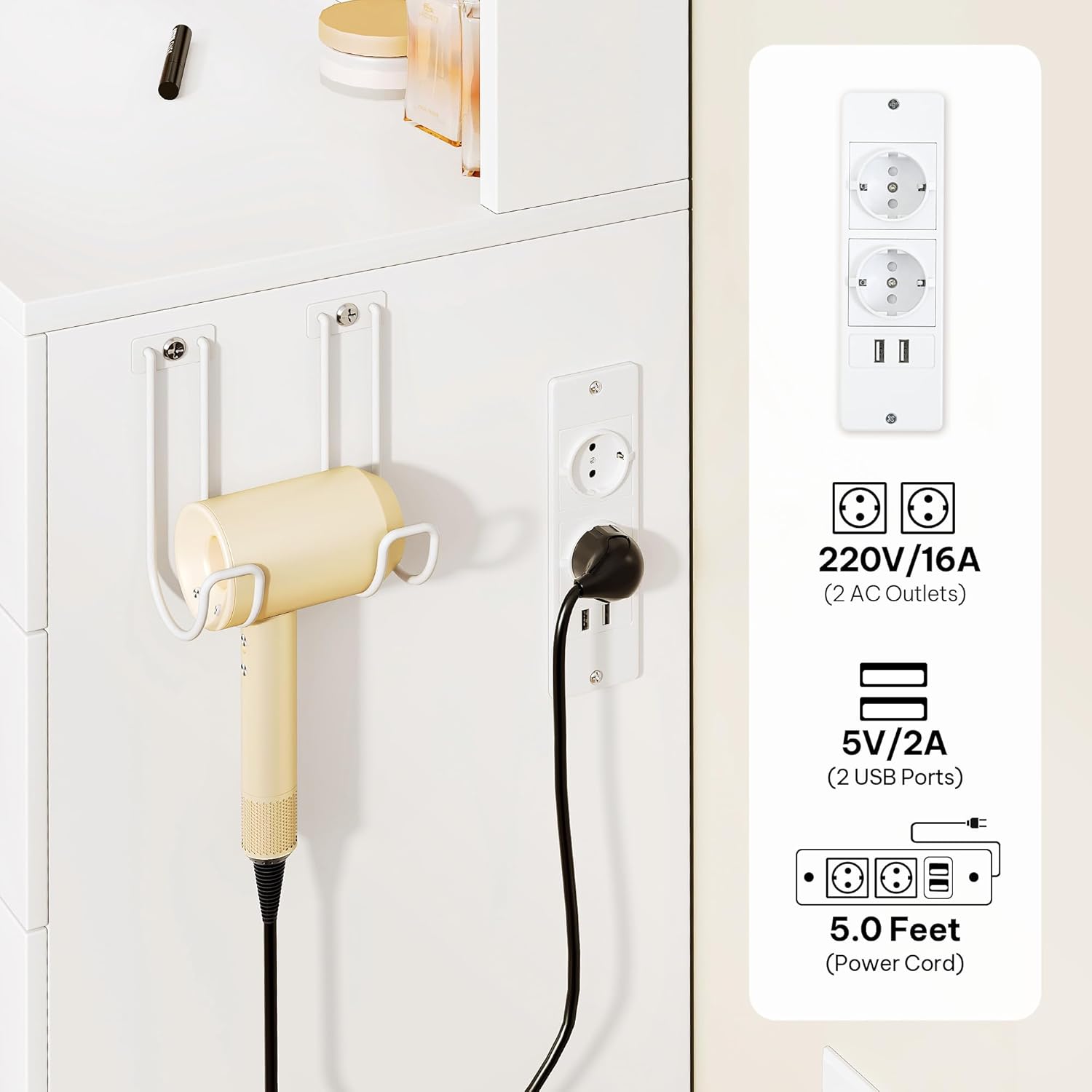Close-up of power outlets and hair dryer holder
