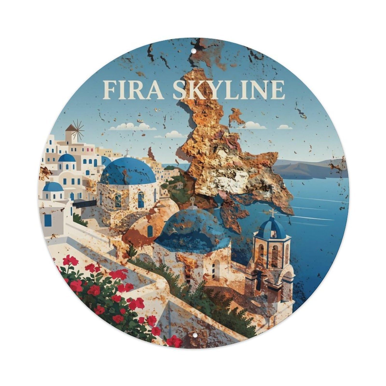 Vintage Travel Fira Santorini Skyline Metal Tin Sign