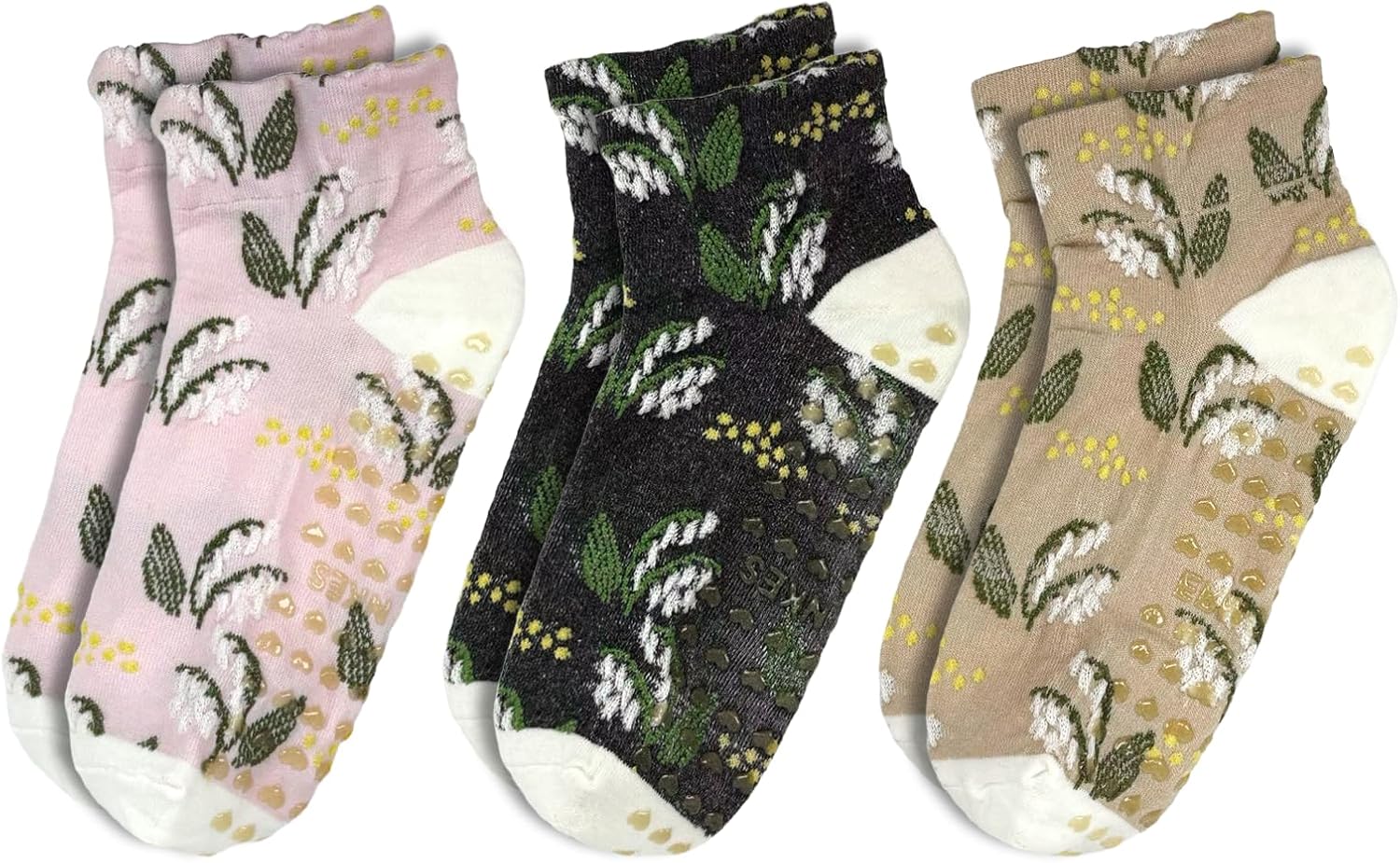 Cute Floral Jacquard Yoga Socks for Women – 3 Pairs Non Slip Grip Crew Socks for Pilates Barre & Daily Wear
