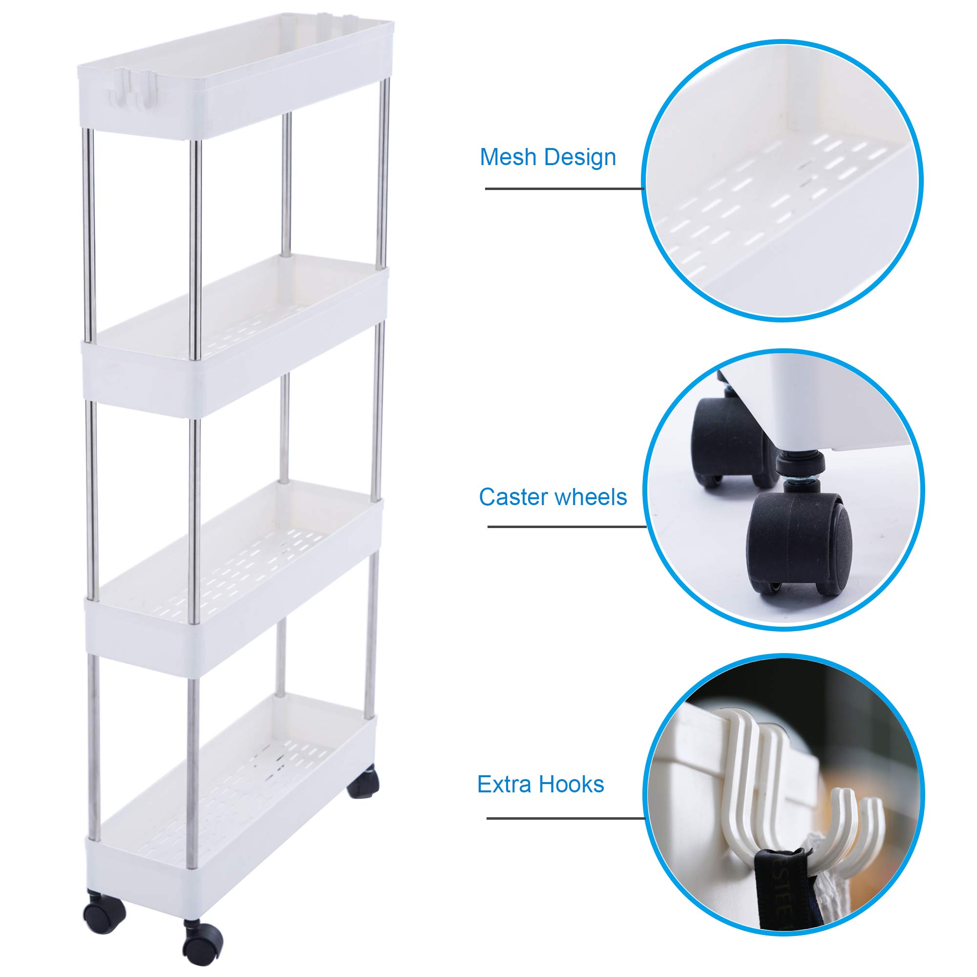 4 Tier Slim Storage Cart, Mobile Narrow Rolling Cart with Wheels