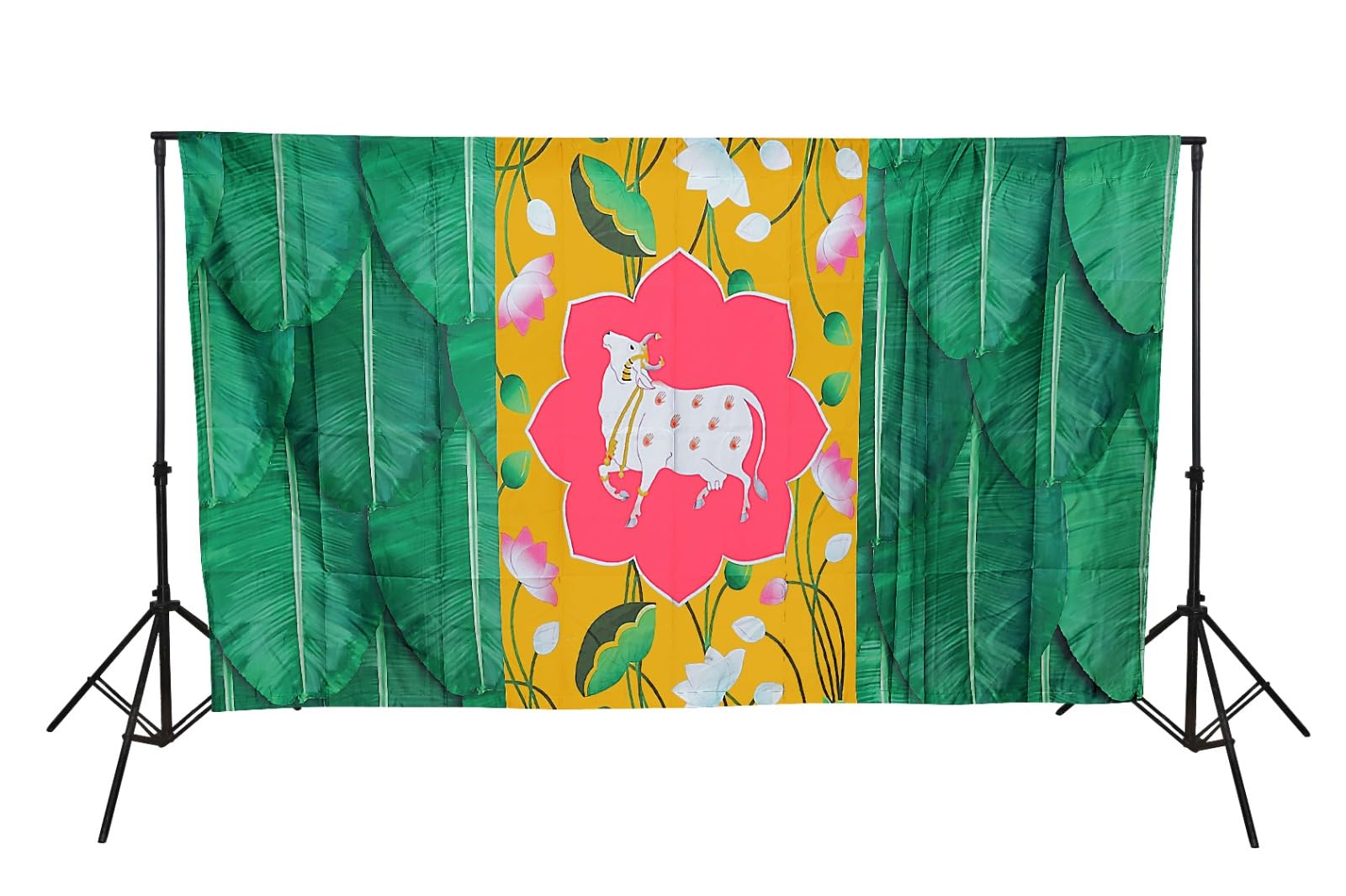 8x5ft. Banana Leaf Cow pichwai Fabric Backdrop for Traditional Indian Pooja, Wedding, Housewarming, Diwali, Ganapati, Baby Shower, Bridal Shower, haldi Ceremonies Wall Banner