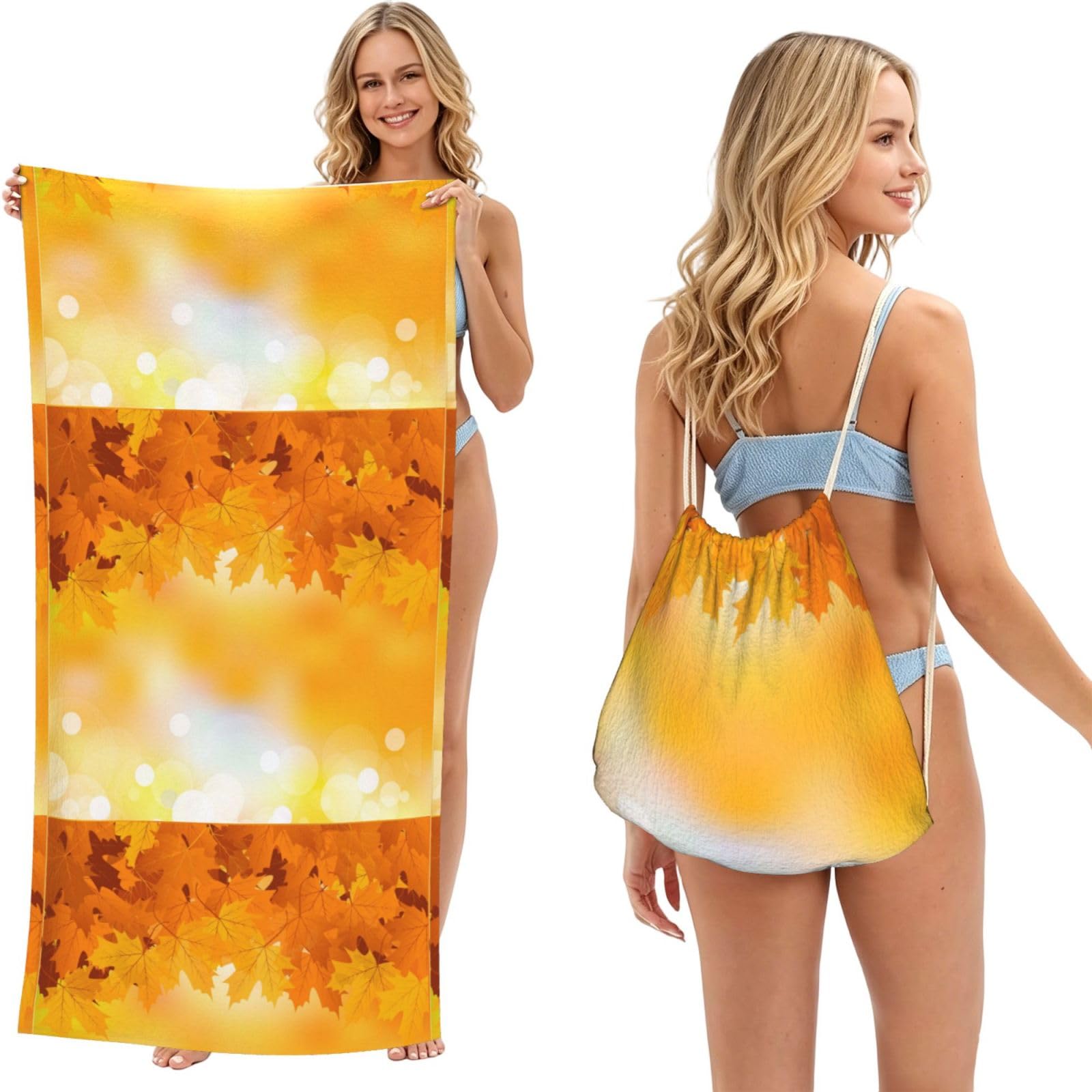 Poadnly As Picture Autumn Leaves, 2 In 1 Packable Towel Bag, Beach Towels With Drawstring Backpack For Travel Holiday Camping