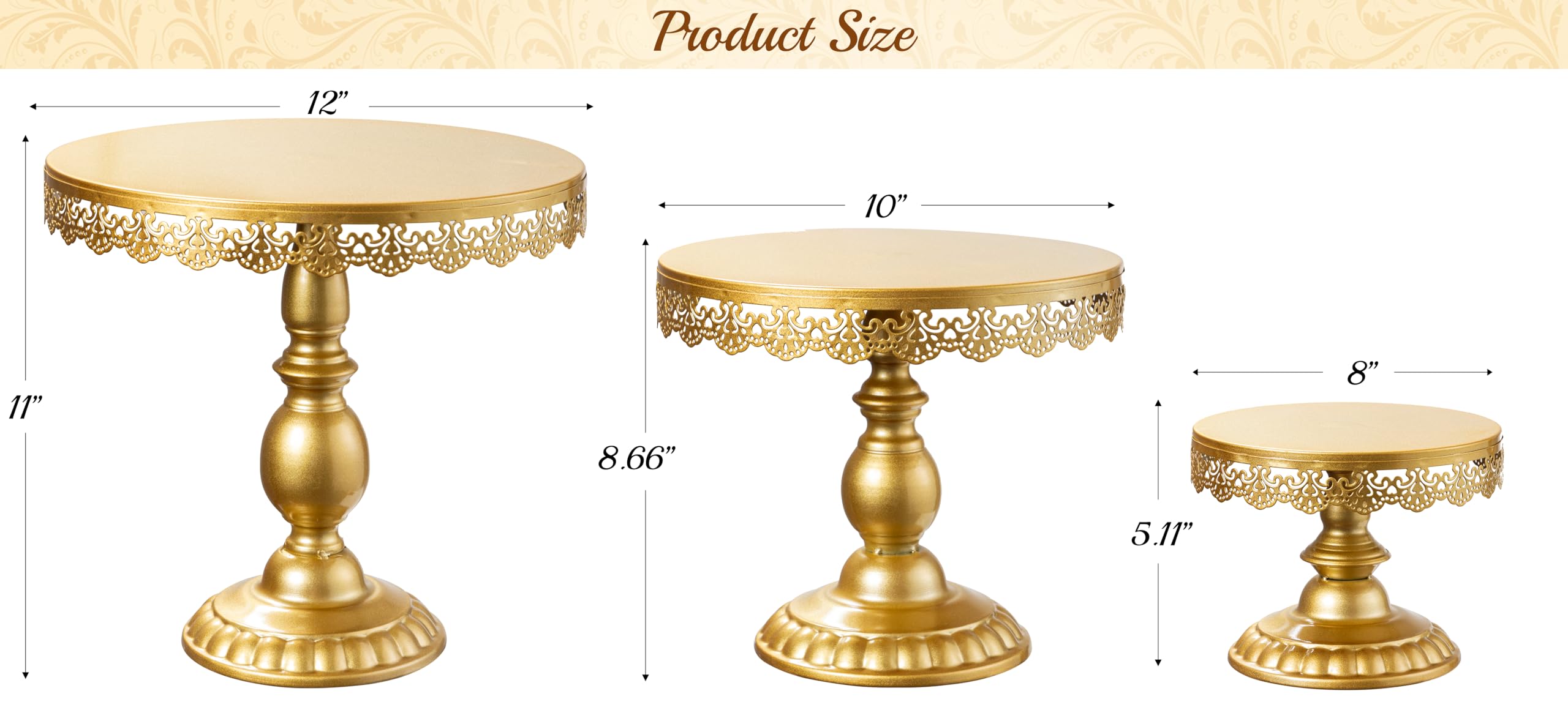 HBlife 3 PCS Vintage Cake Stand, Gold Cake Stand Set Disc Diameter 8" 10" 12", Perfect Dessert Table Display Set