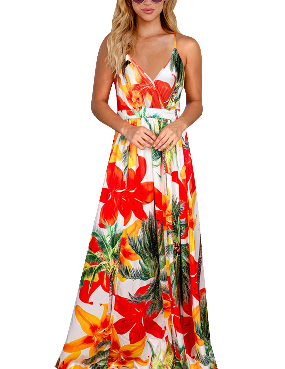 BUOYDM Vestido Mujer Casual Largo Sexy Vestido Boho Floral Maxi con Cuello en V de Playa Verano Vestido…