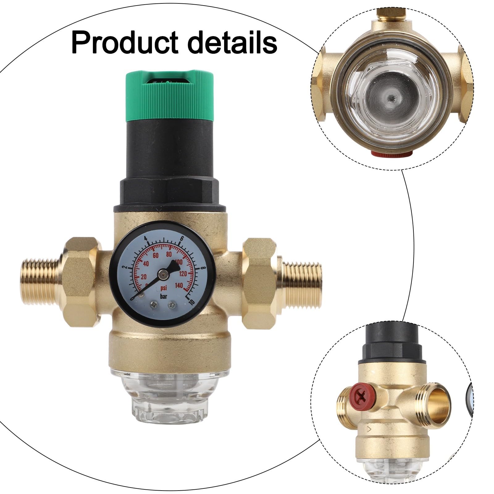RichVibe Riduttore di pressione dell'acqua con manometro e filtro, in ottone, 1/2 DN15 3/4 DN20, 0,1-7,5 MPa per impianti idraulici domestici, commerciali
